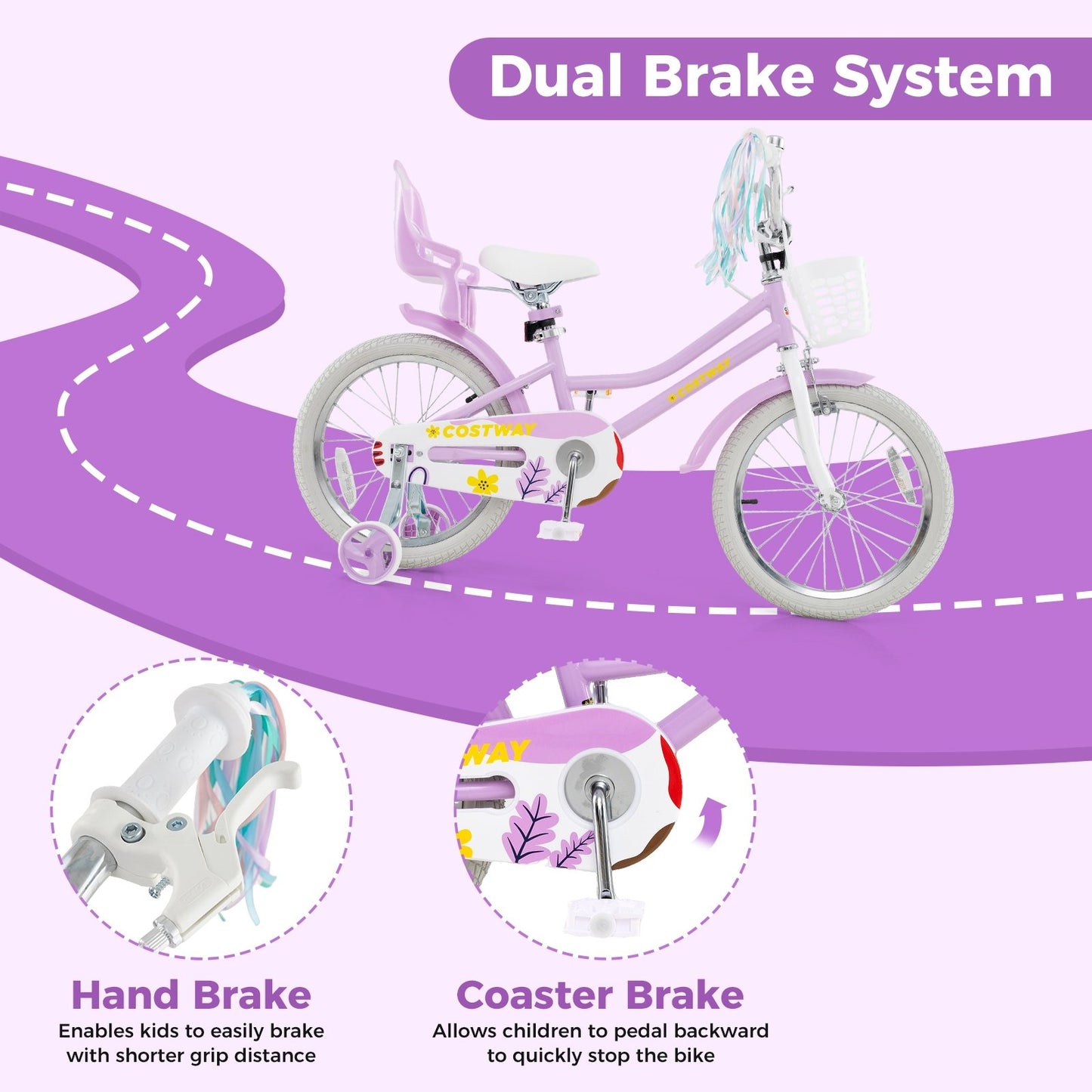 18 Inch Girls Bike Kids Bicycle with Doll Seat and Streamers for Children 4-8 Years Old Kids Crystal