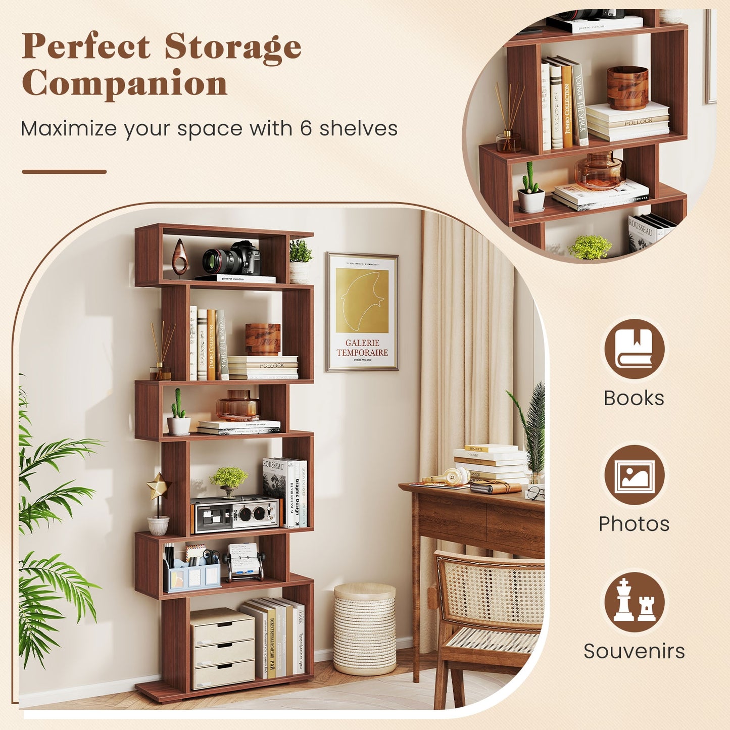 6-Tier Geometric Bookshelf with 2 Anti-Tipping Kits for Home Office-Walnut