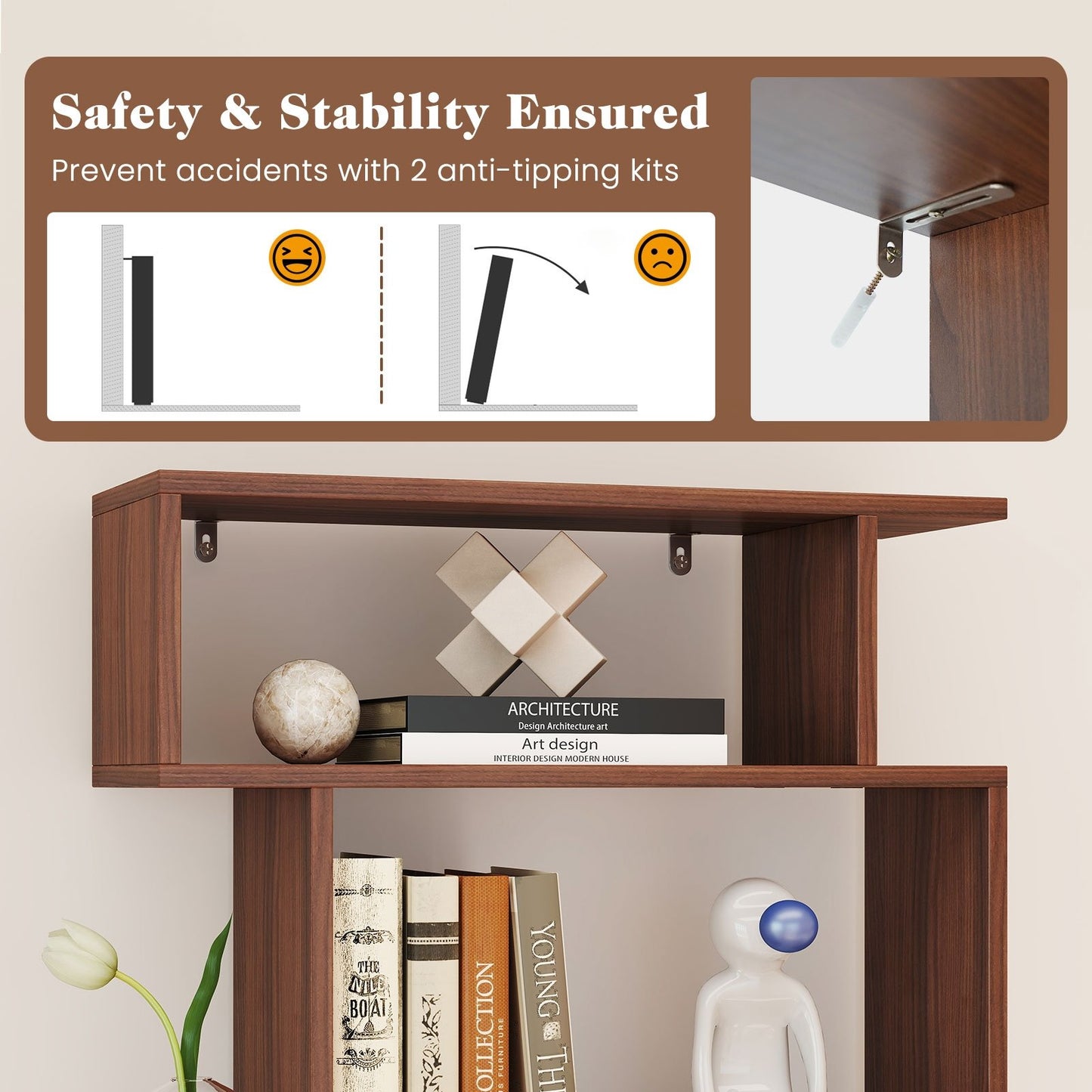 6-Tier Geometric Bookshelf with 2 Anti-Tipping Kits for Home Office-Walnut