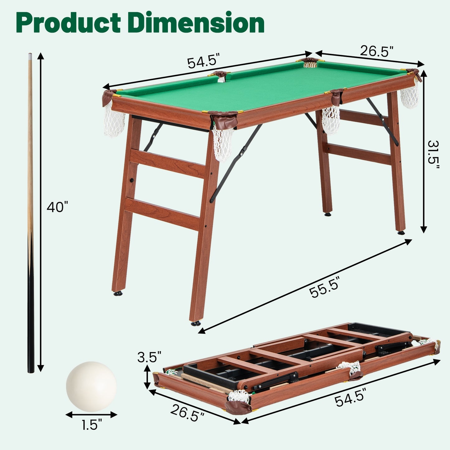 Folding Portable Billiards Table Game Set with Adjustable Foot Levelers Kids Crystal