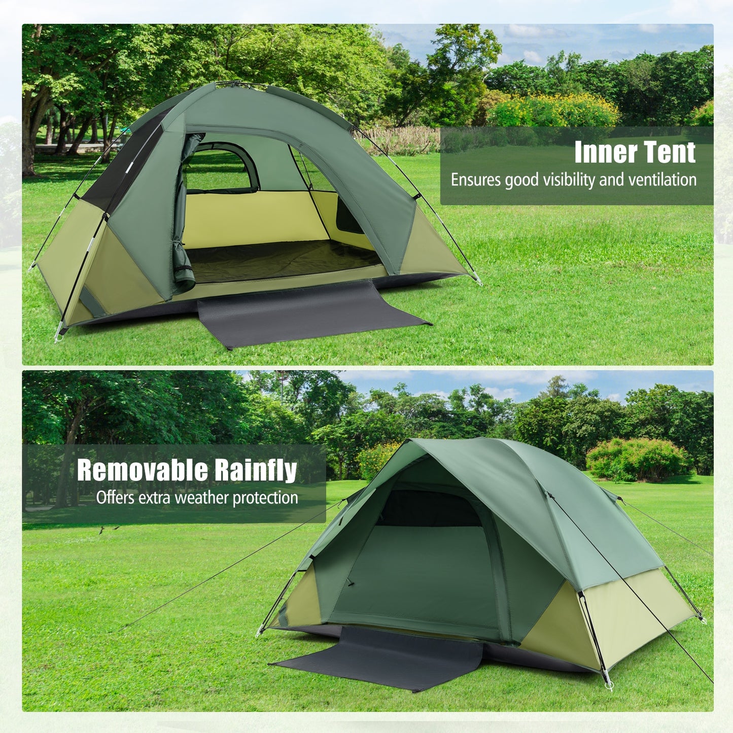 2-person Camping Tent w/ Removable Rain Fly and Double-layer Door-Green Kids Crystal