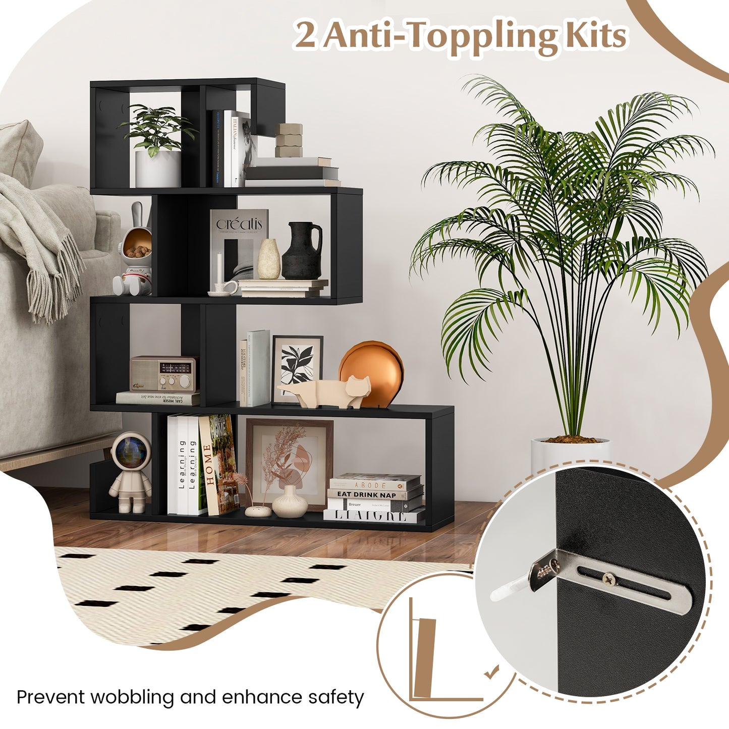 5-Tier S-Shaped Bookshelf Geometric Z-Shelf Bookcase with Open Cubes-Black Kids Crystal