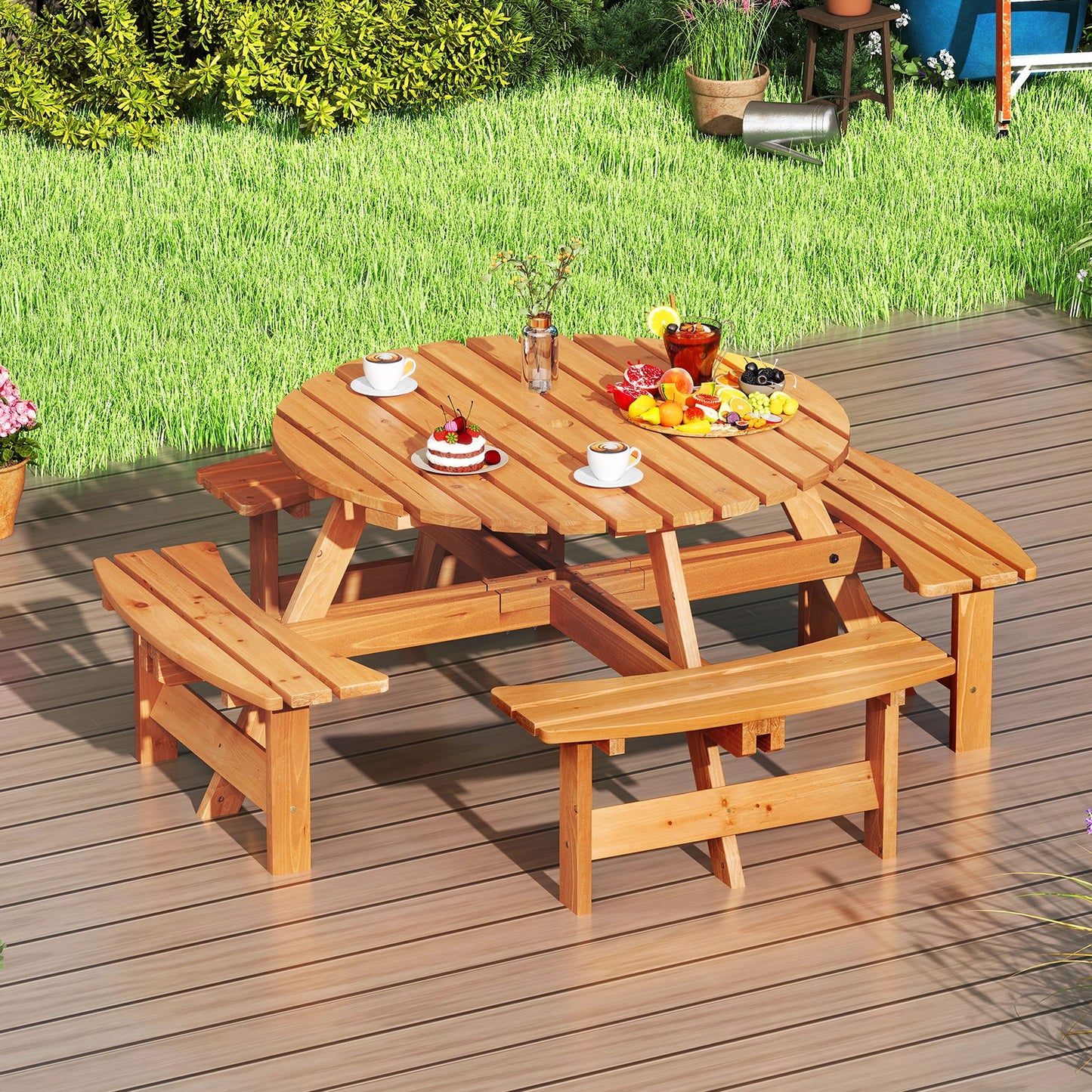 8-Person Round Picnic Table Set Circular Patio Dining Camping Table with Benches-Yellow Kids Crystal