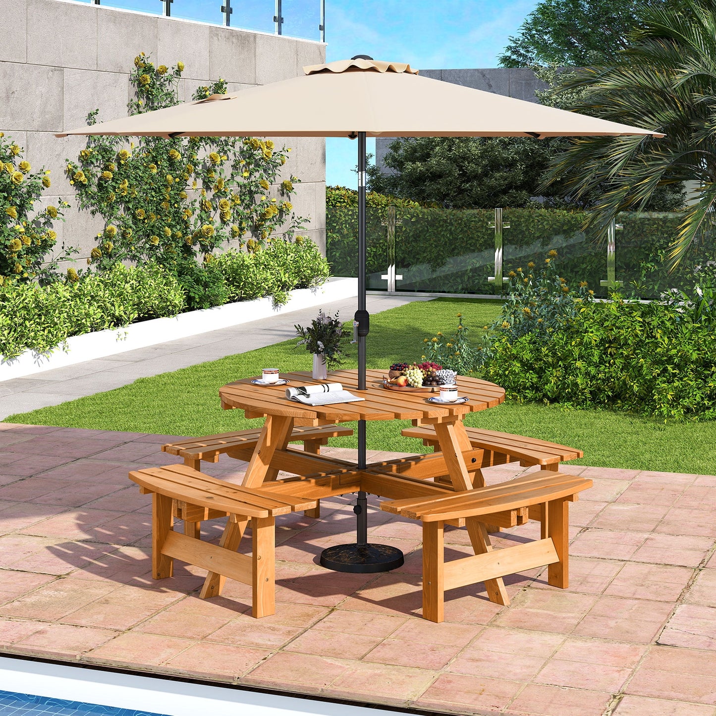 8-Person Round Picnic Table Set Circular Patio Dining Camping Table with Benches-Yellow Kids Crystal