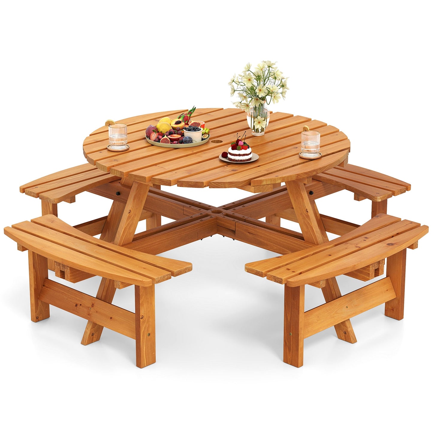 8-Person Round Picnic Table Set Circular Patio Dining Camping Table with Benches-Yellow Kids Crystal