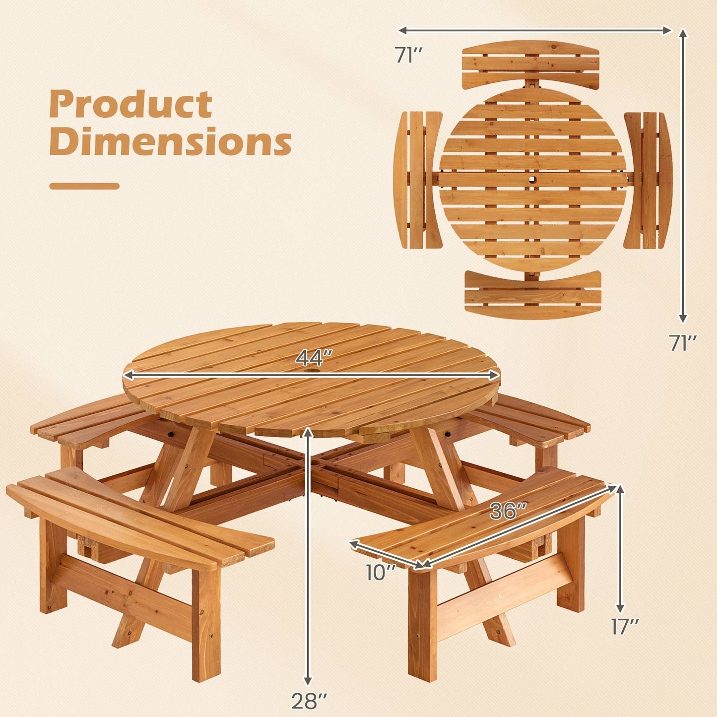 8-Person Round Picnic Table Set Circular Patio Dining Camping Table with Benches-Yellow Kids Crystal
