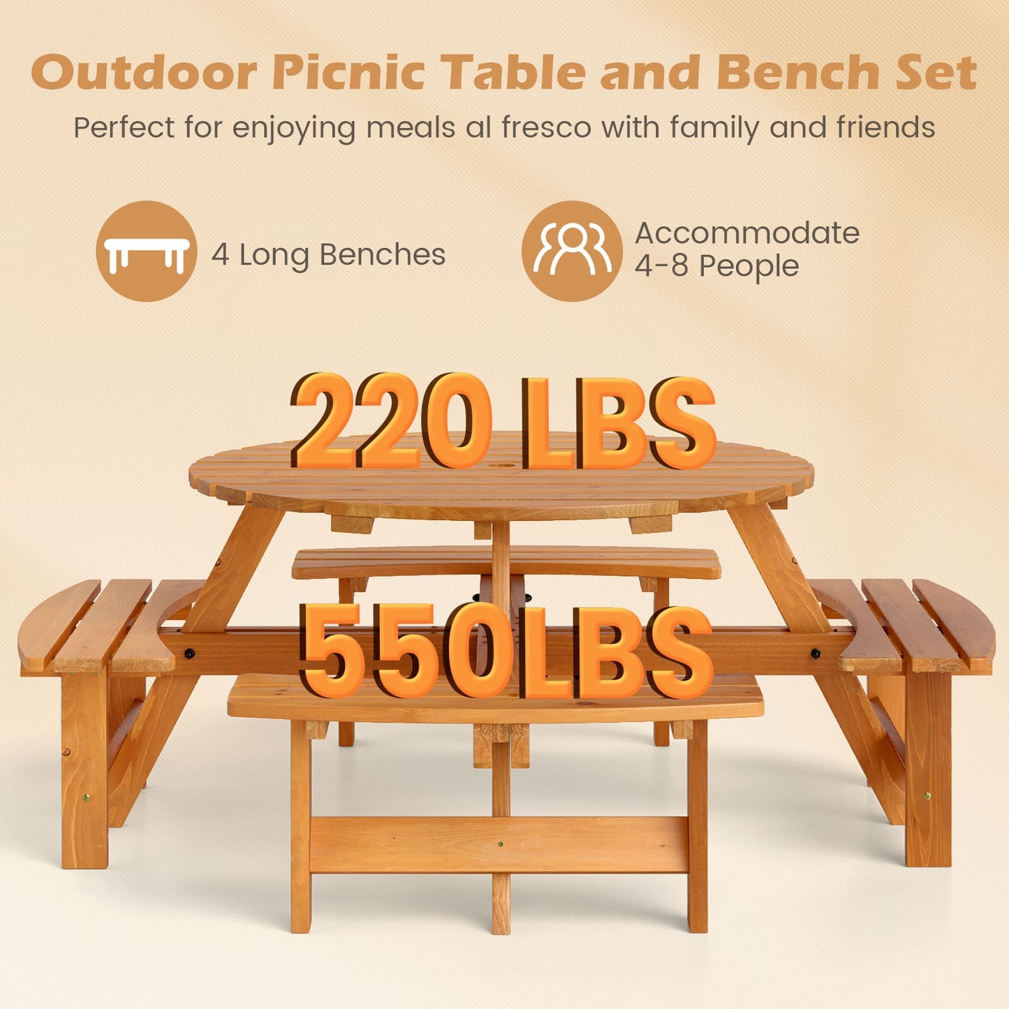 8-Person Round Picnic Table Set Circular Patio Dining Camping Table with Benches-Yellow Kids Crystal