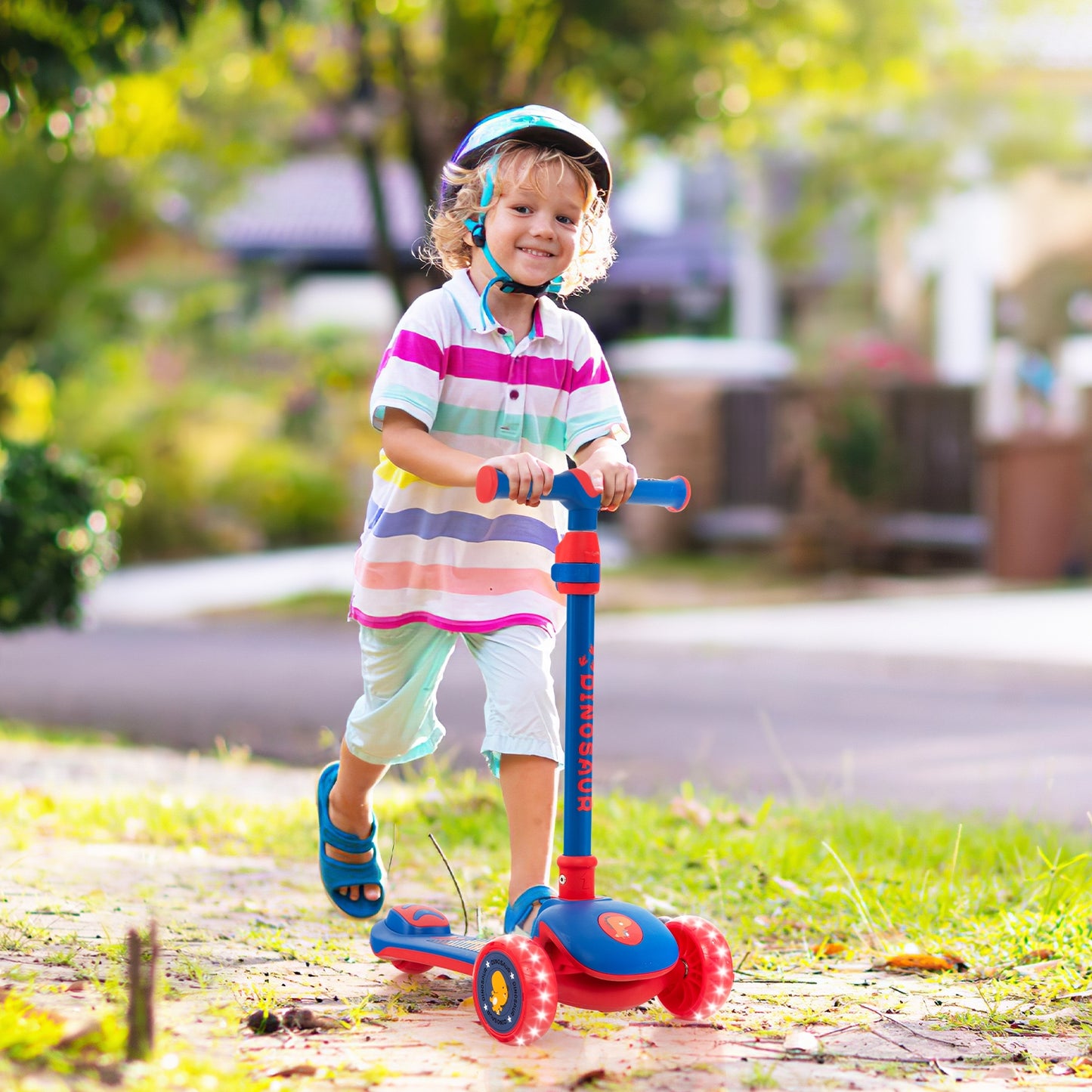 Folding Kids Scooter with Extra Wide Deck and LED Lighted PU Wheels-Blue Kids Crystal