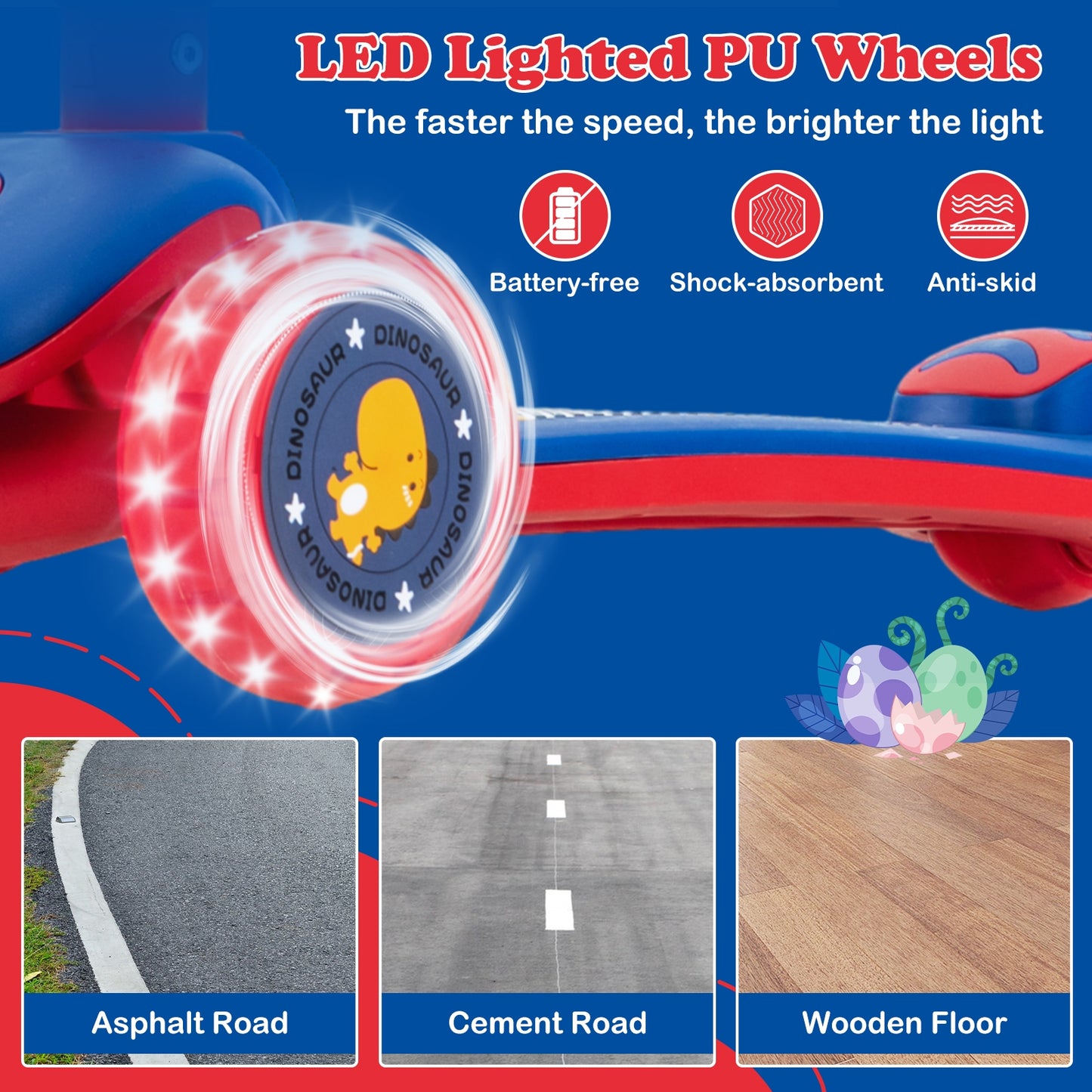 Folding Kids Scooter with Extra Wide Deck and LED Lighted PU Wheels-Blue Kids Crystal