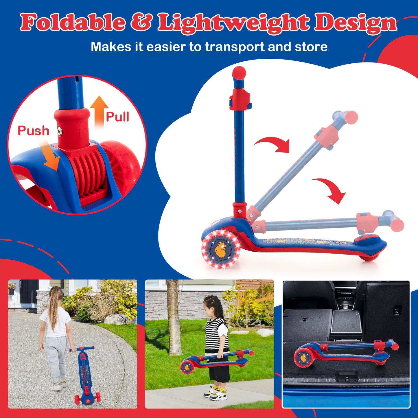 Folding Kids Scooter with Extra Wide Deck and LED Lighted PU Wheels-Blue Kids Crystal
