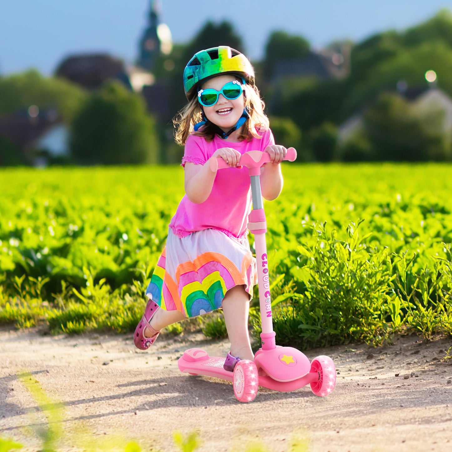 Folding Kids Scooter with Extra Wide Deck and LED Lighted PU Wheels-Pink Kids Crystal