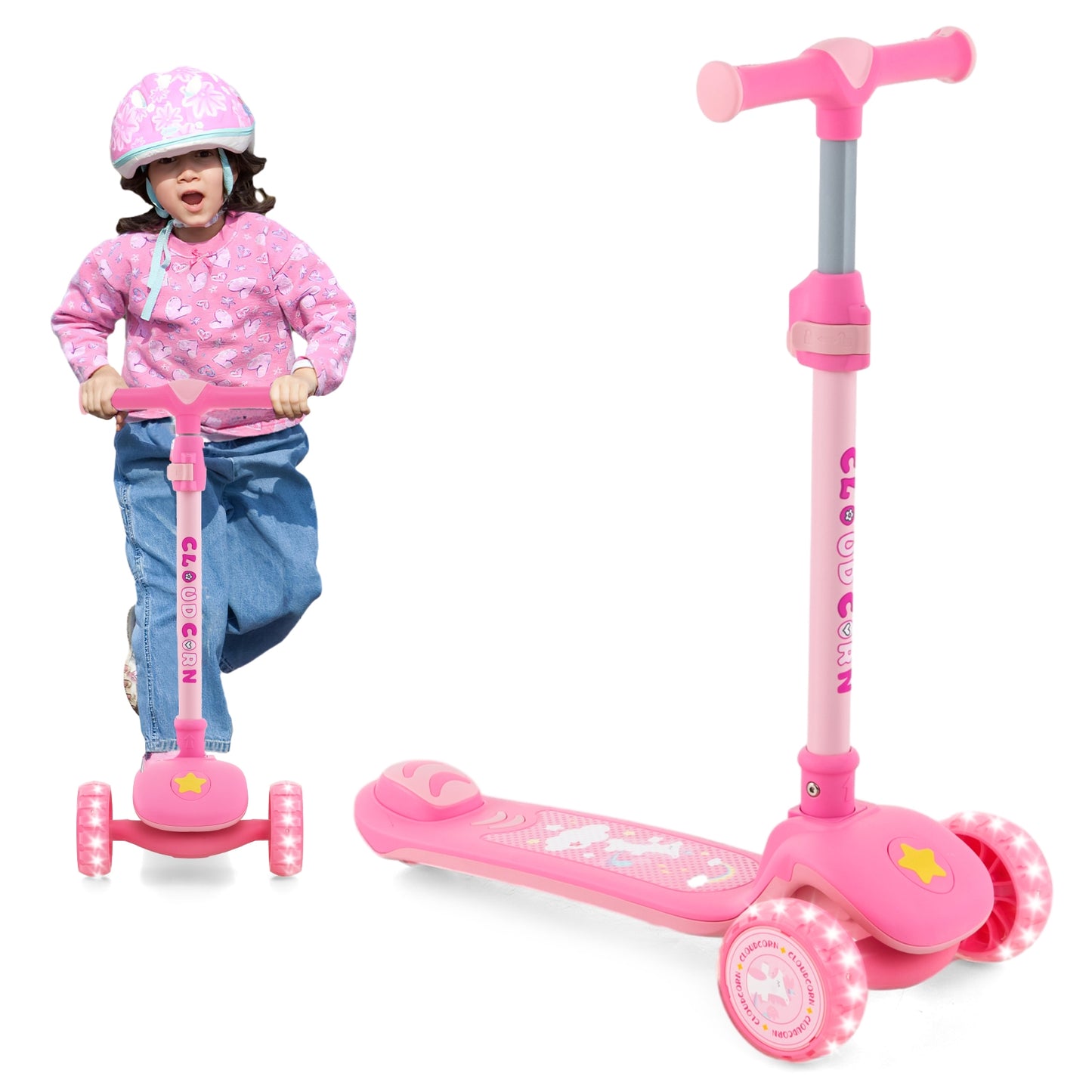 Folding Kids Scooter with Extra Wide Deck and LED Lighted PU Wheels-Pink Kids Crystal