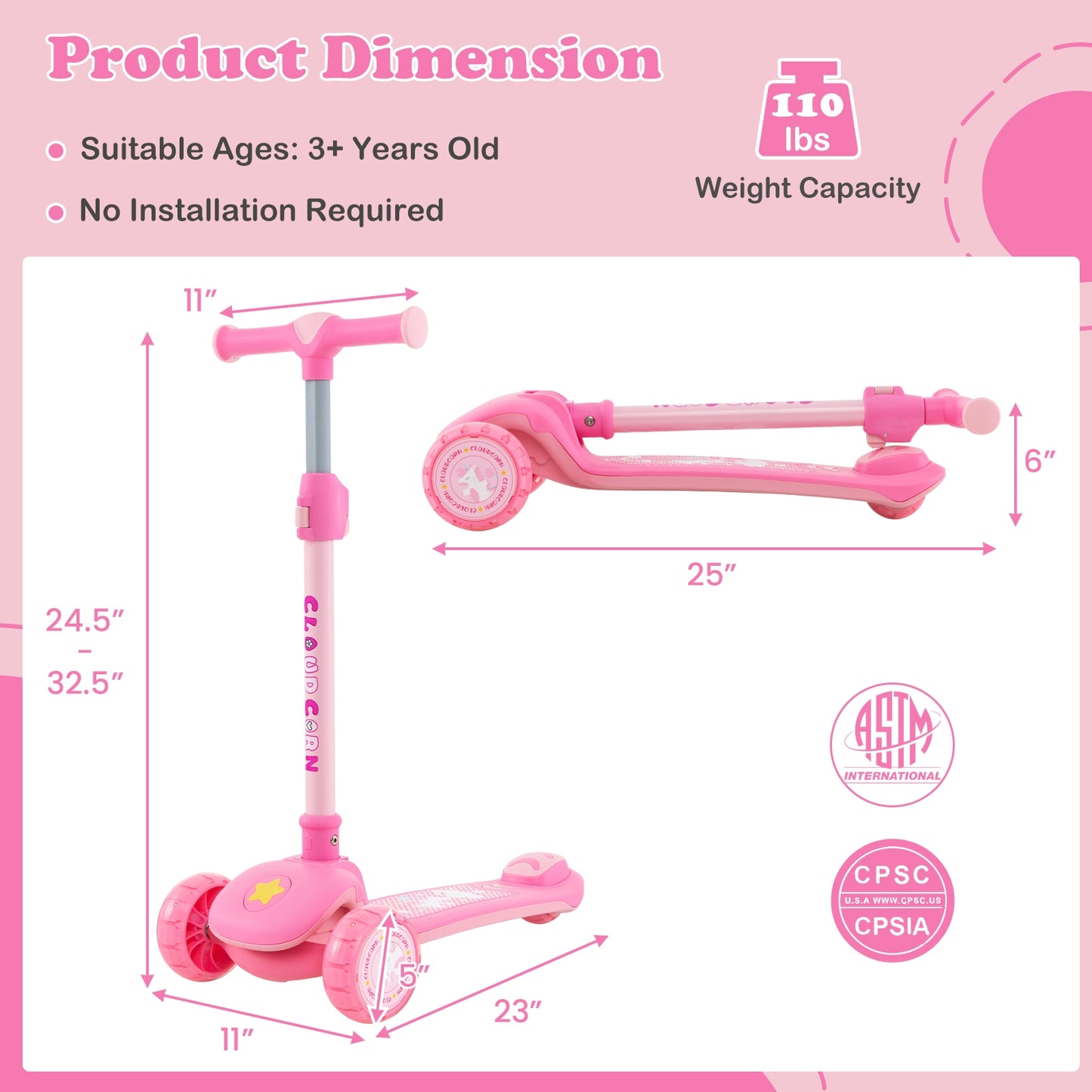 Folding Kids Scooter with Extra Wide Deck and LED Lighted PU Wheels-Pink Kids Crystal