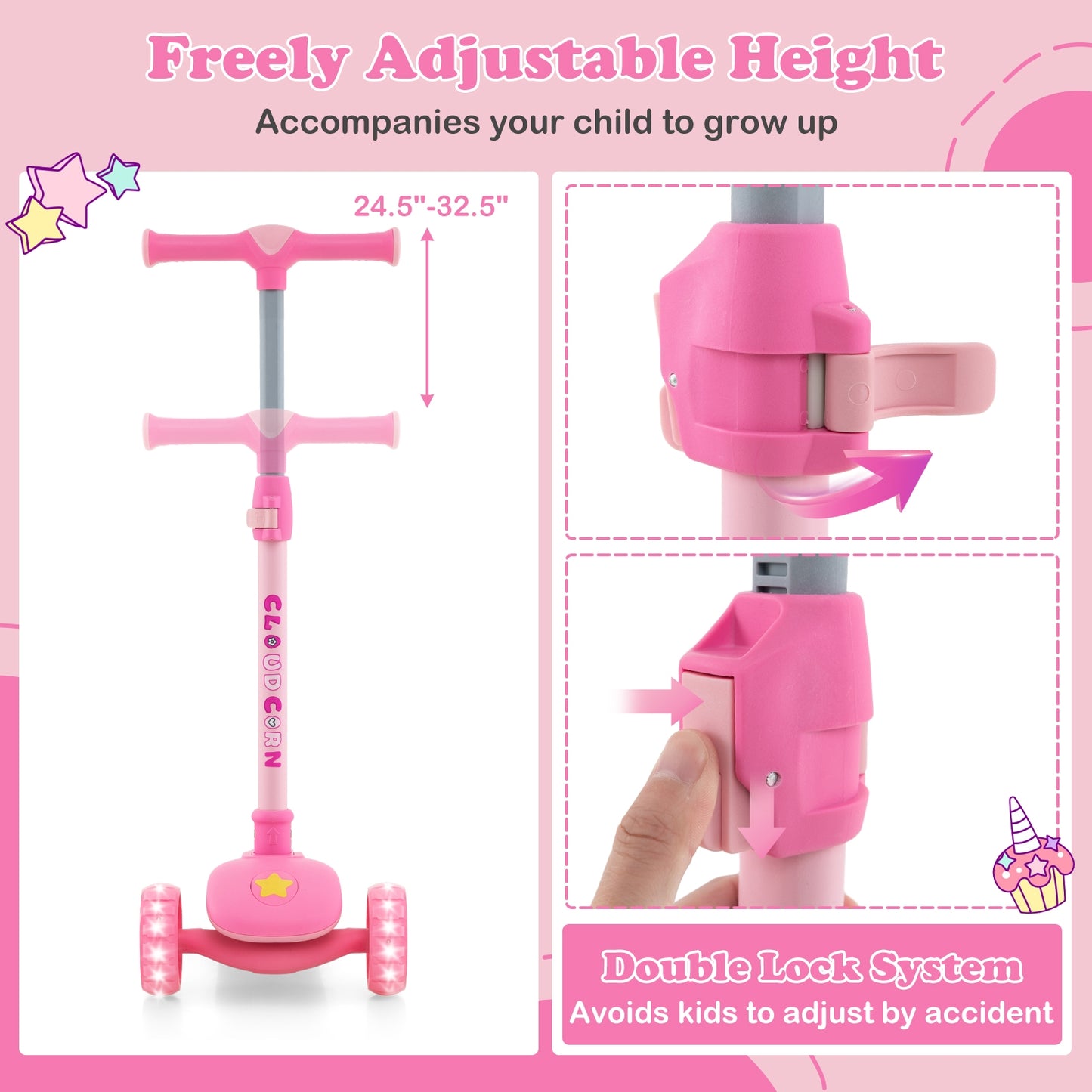 Folding Kids Scooter with Extra Wide Deck and LED Lighted PU Wheels-Pink Kids Crystal