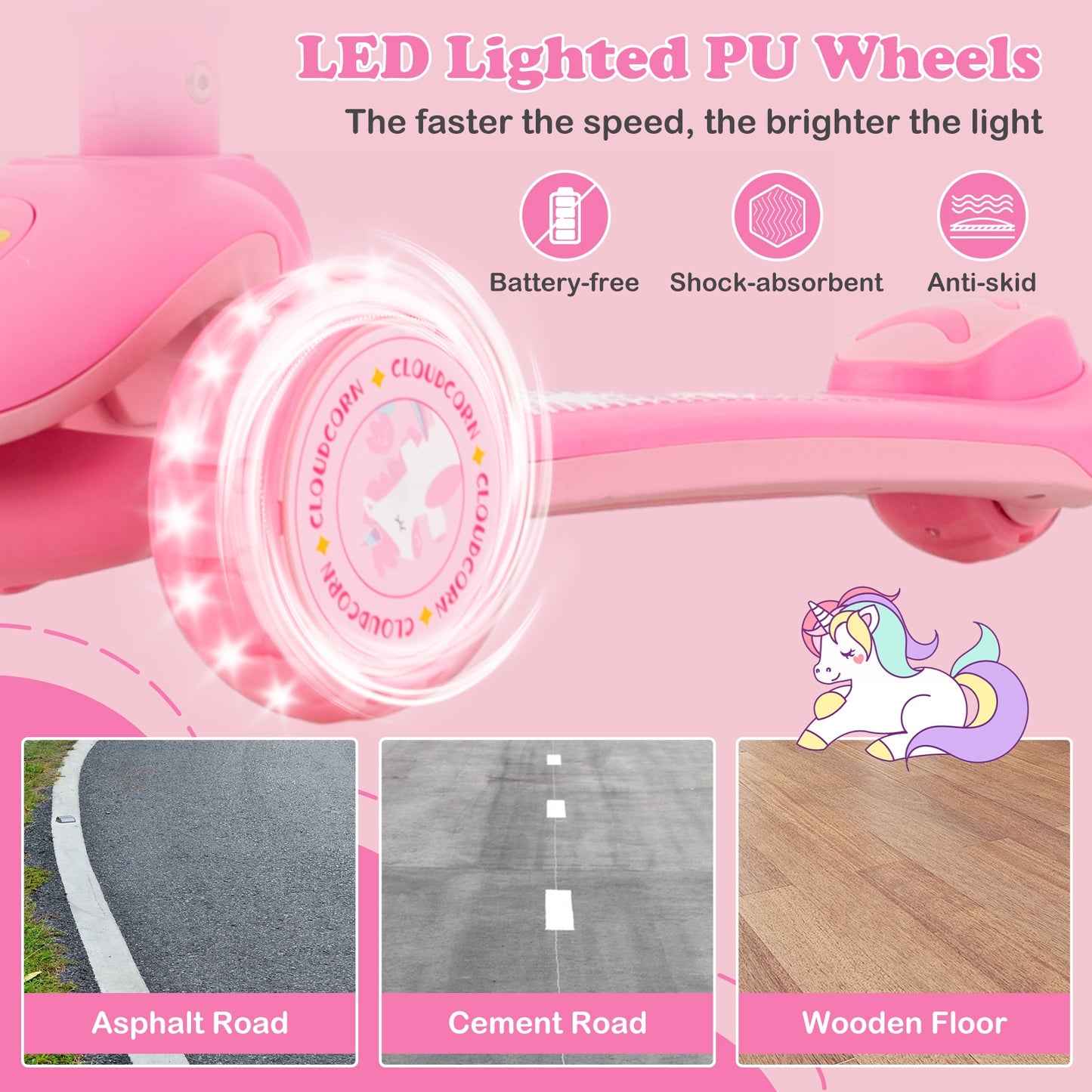 Folding Kids Scooter with Extra Wide Deck and LED Lighted PU Wheels-Pink Kids Crystal