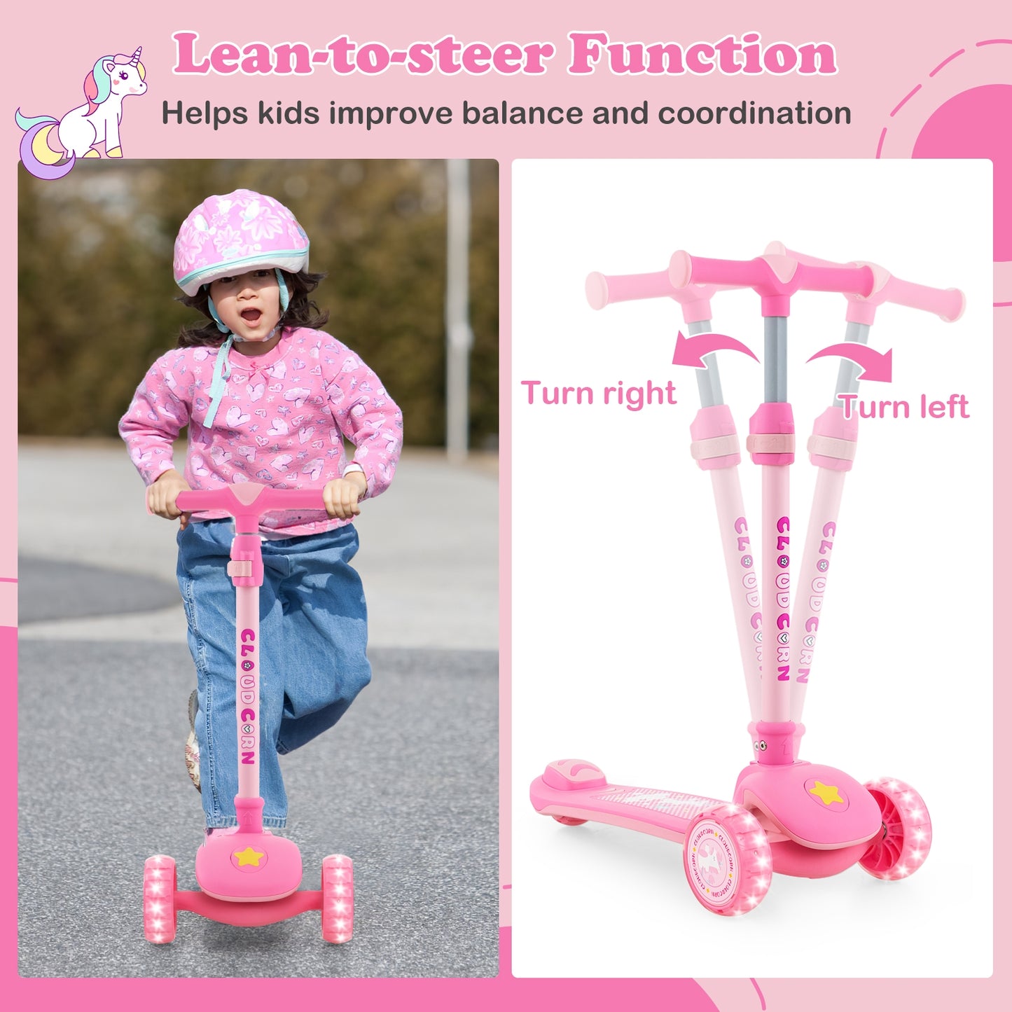 Folding Kids Scooter with Extra Wide Deck and LED Lighted PU Wheels-Pink Kids Crystal