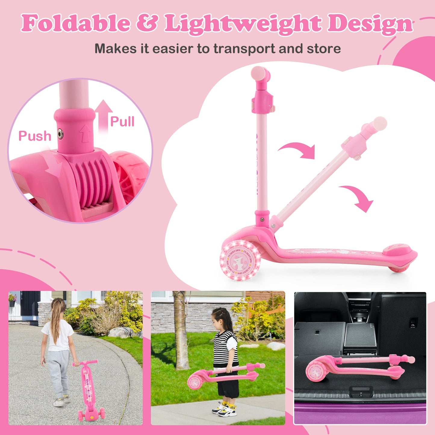 Folding Kids Scooter with Extra Wide Deck and LED Lighted PU Wheels-Pink Kids Crystal