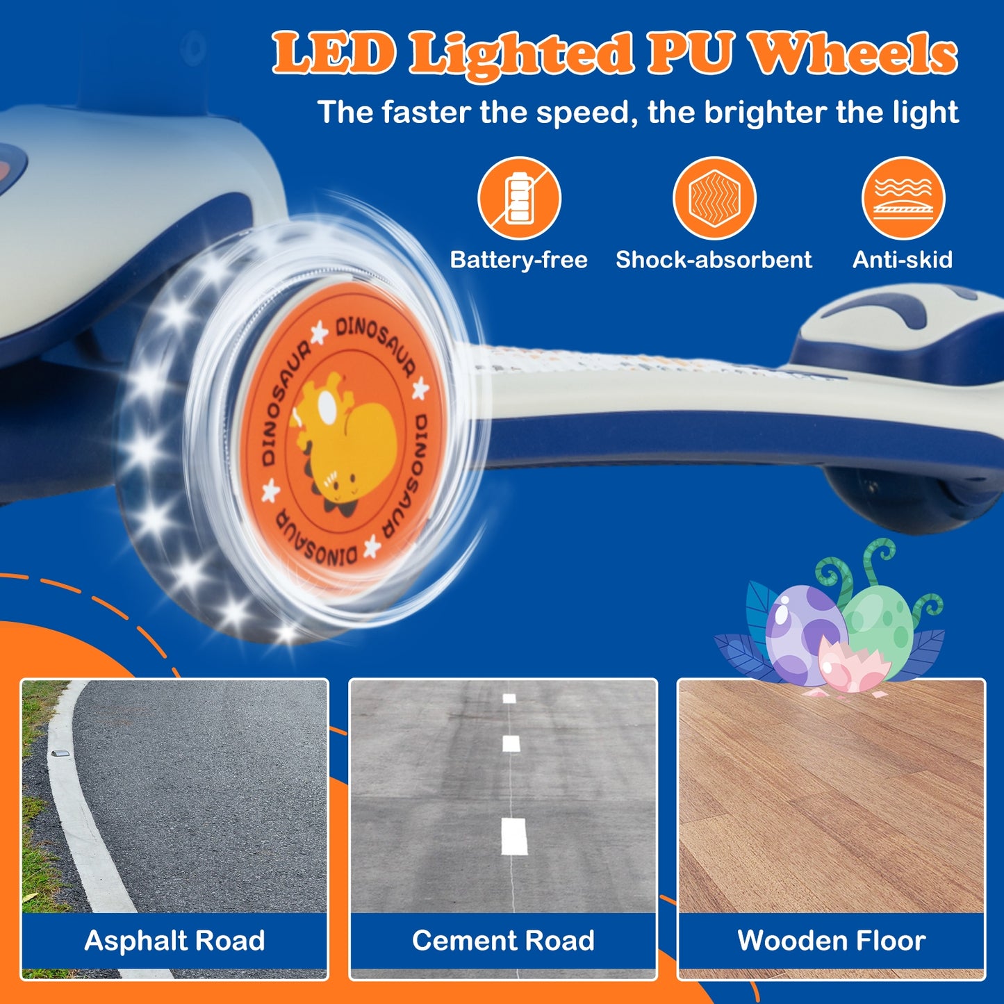 Folding Kids Scooter with Extra Wide Deck and LED Lighted PU Wheels-White Kids Crystal