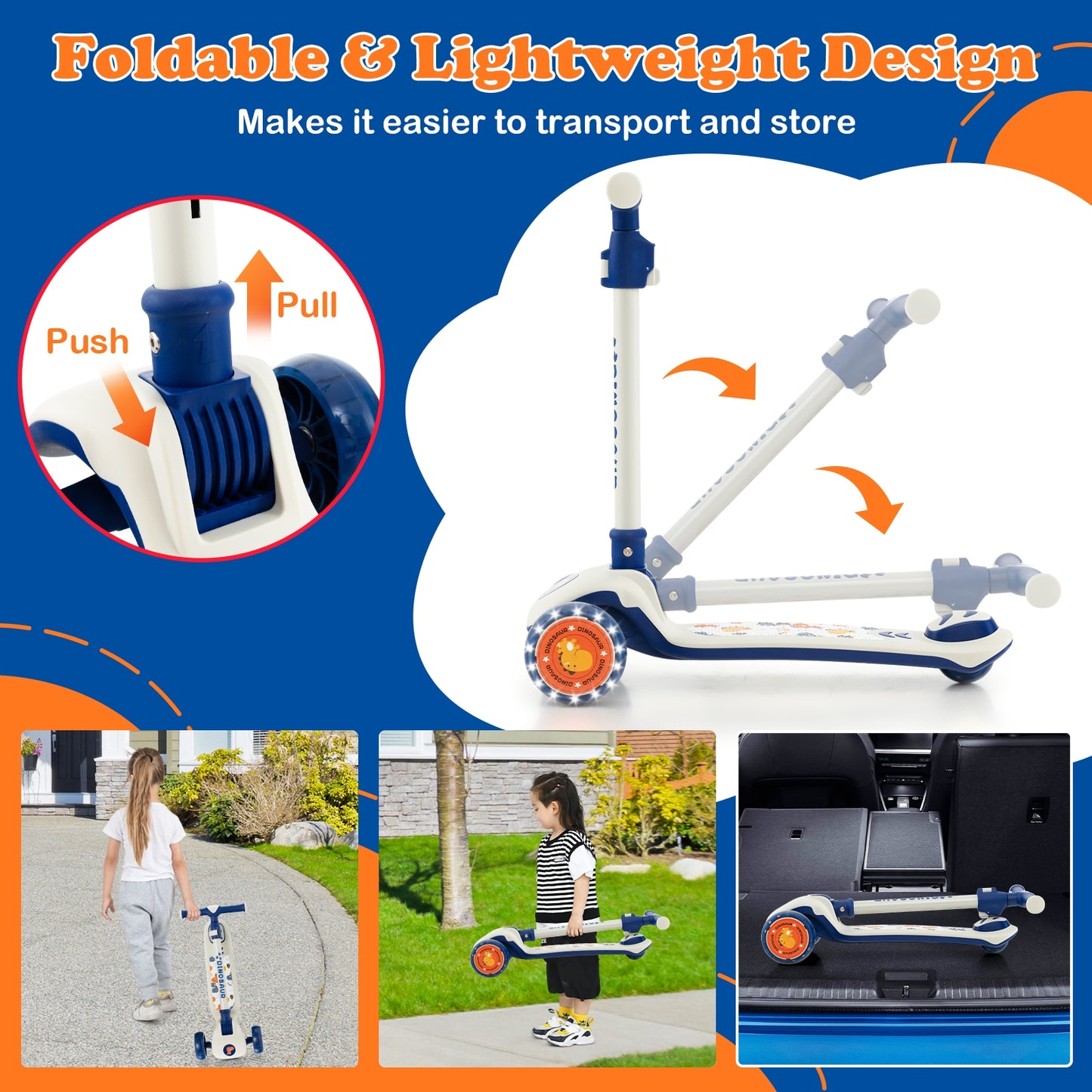 Folding Kids Scooter with Extra Wide Deck and LED Lighted PU Wheels-White Kids Crystal