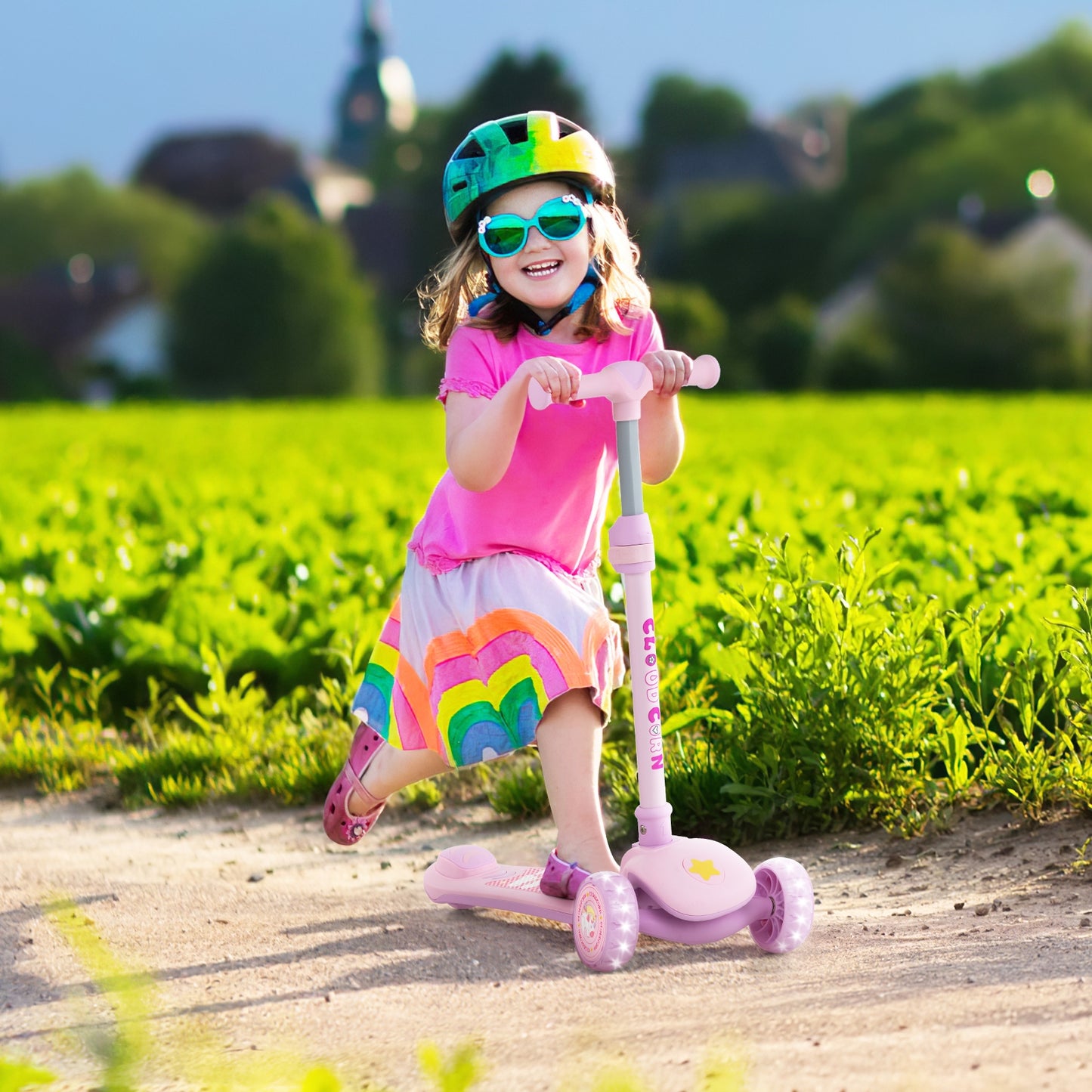 Folding Kids Scooter with Extra Wide Deck and LED Lighted PU Wheels-Purple Kids Crystal
