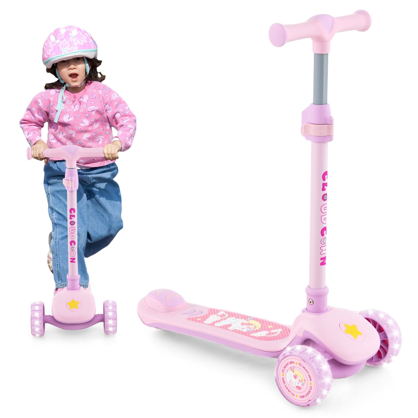 Folding Kids Scooter with Extra Wide Deck and LED Lighted PU Wheels-Purple Kids Crystal