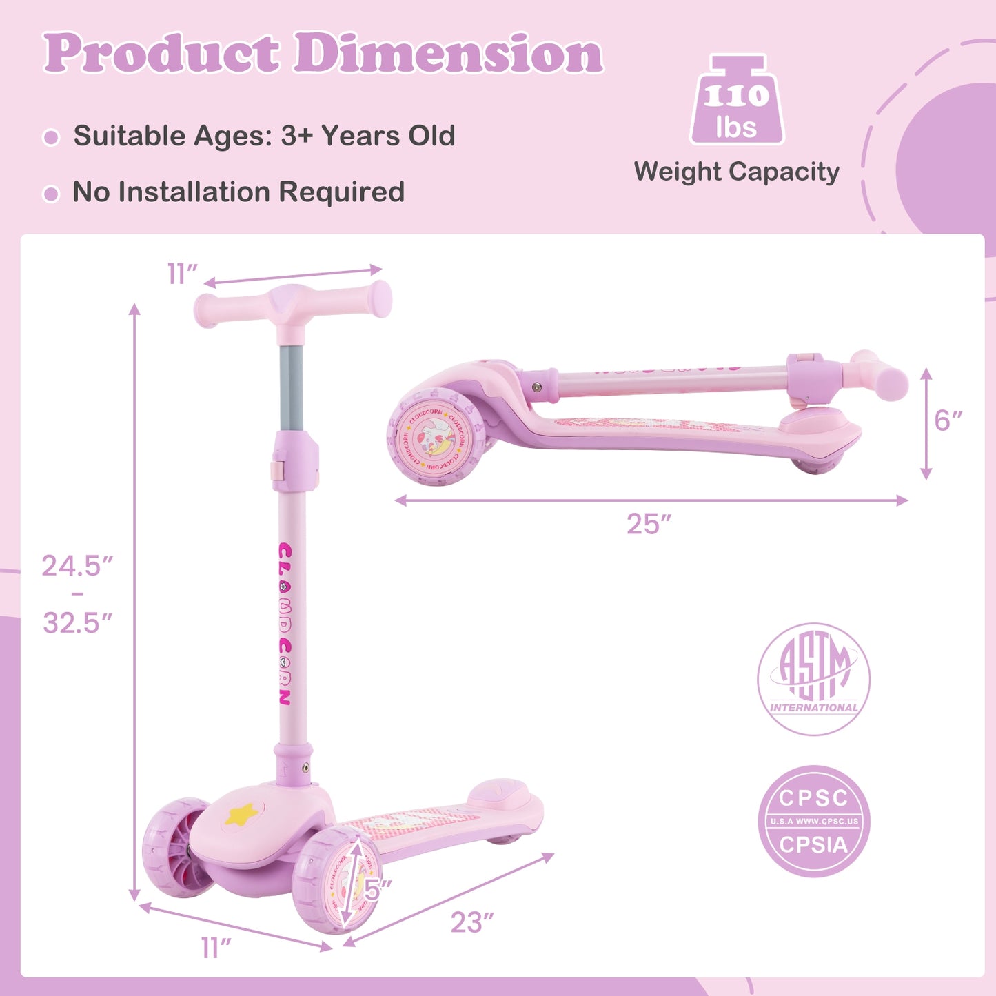 Folding Kids Scooter with Extra Wide Deck and LED Lighted PU Wheels-Purple Kids Crystal