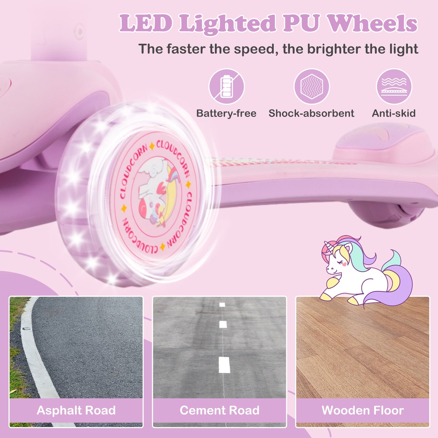 Folding Kids Scooter with Extra Wide Deck and LED Lighted PU Wheels-Purple Kids Crystal
