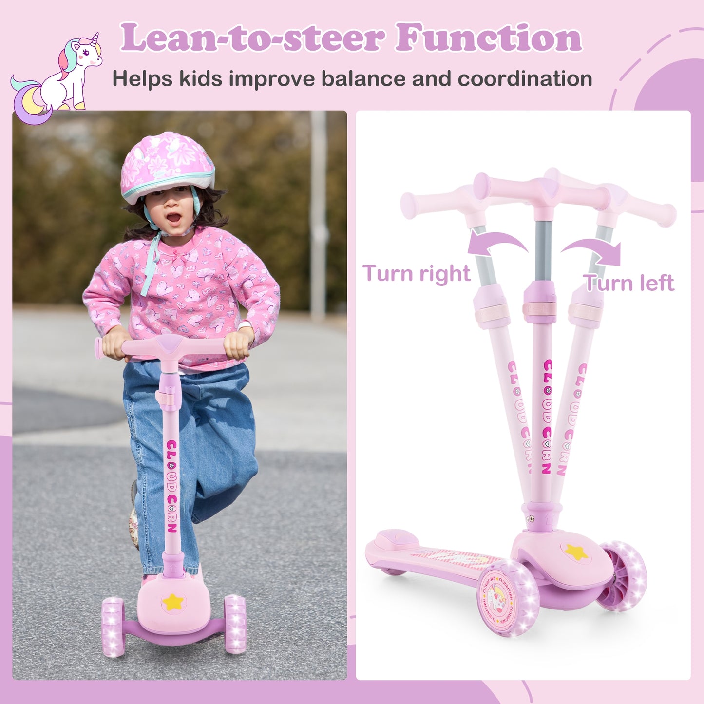 Folding Kids Scooter with Extra Wide Deck and LED Lighted PU Wheels-Purple Kids Crystal