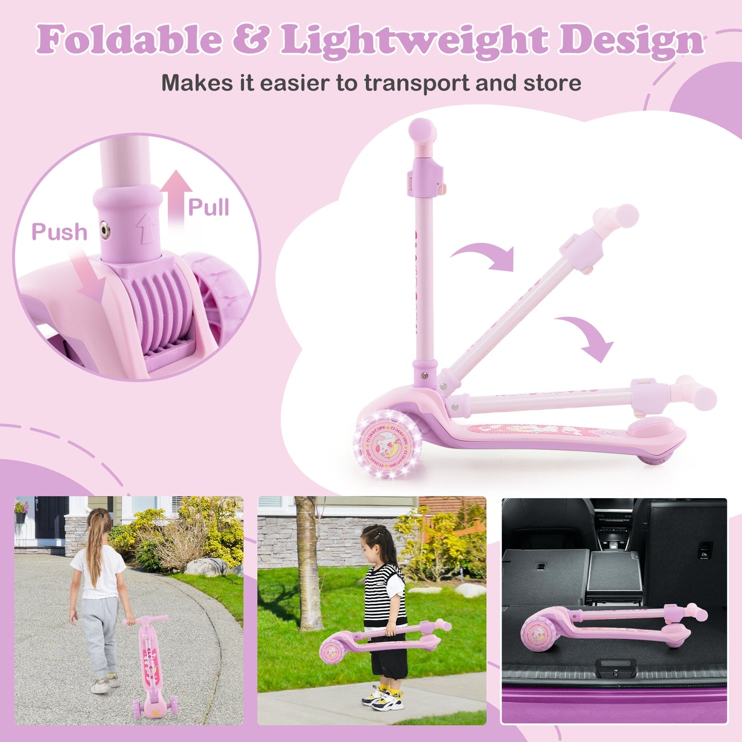 Folding Kids Scooter with Extra Wide Deck and LED Lighted PU Wheels-Purple Kids Crystal