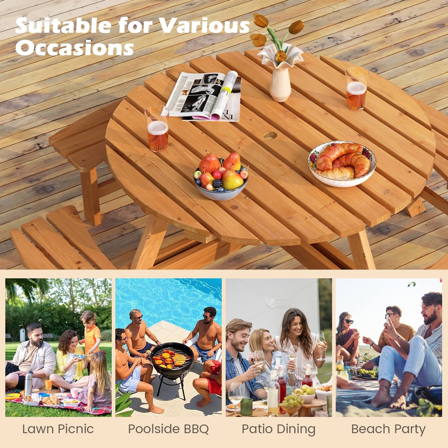 8-Person Round Picnic Table Set Circular Patio Dining Camping Table with Benches-Yellow Kids Crystal