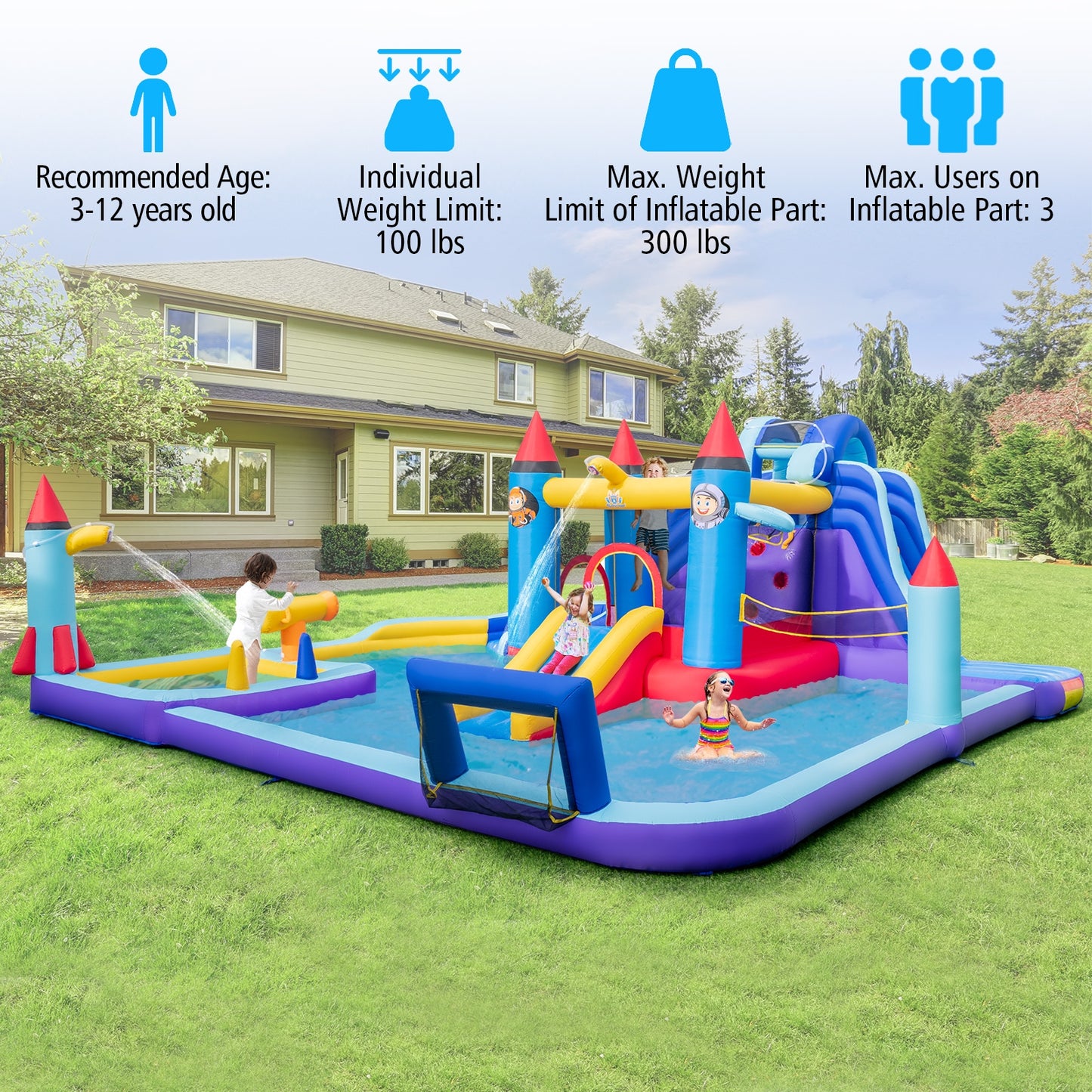 Rocket Theme Inflatable Water Slide Park with 950W Blower Kids Crystal