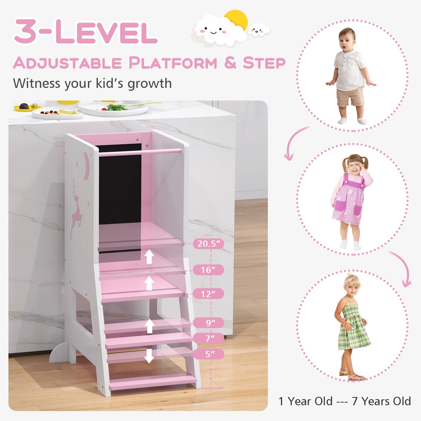 Toddler Kitchen Stool Helper Baby Standing Tower with Chalkboard and Whiteboard-Pink Kids Crystal