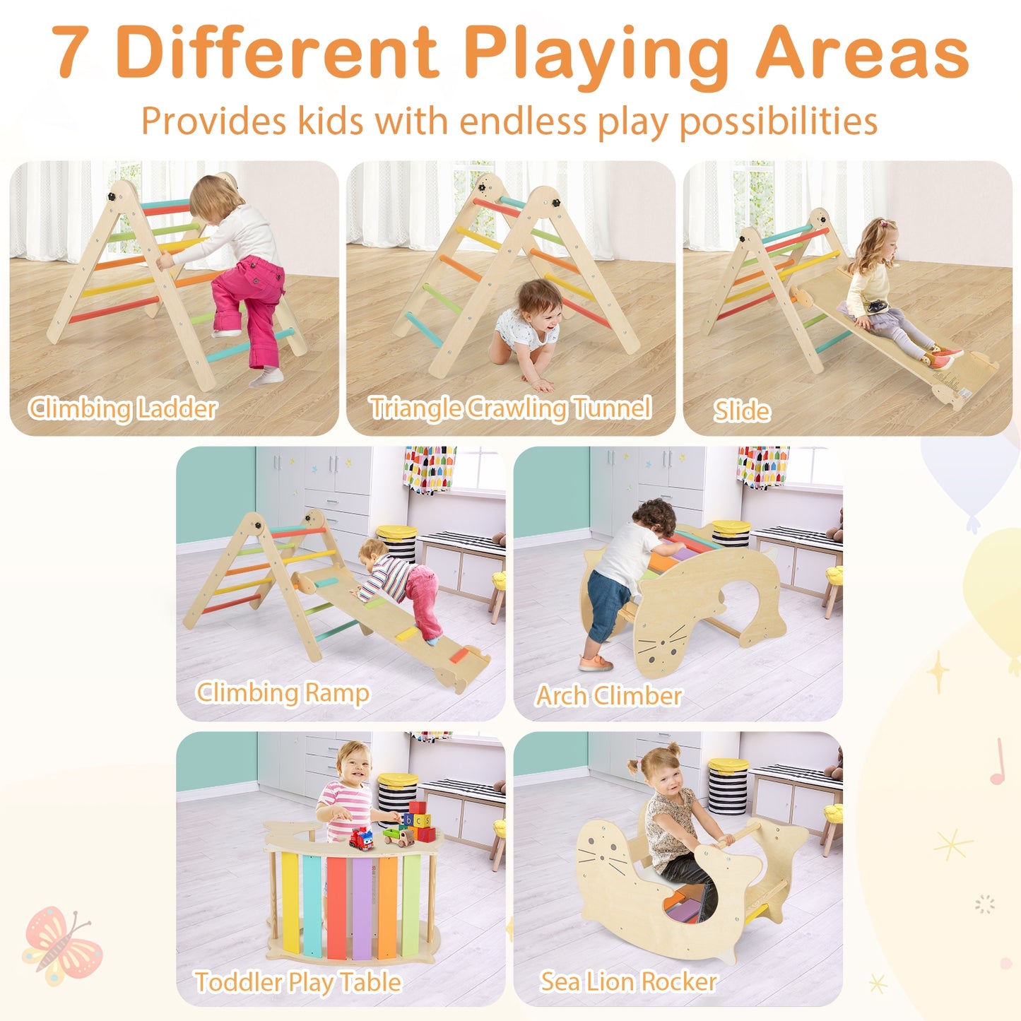 7-in-1 Indoor Climbing Toys for Toddlers with Reversible Ramp-Multicolor Kids Crystal