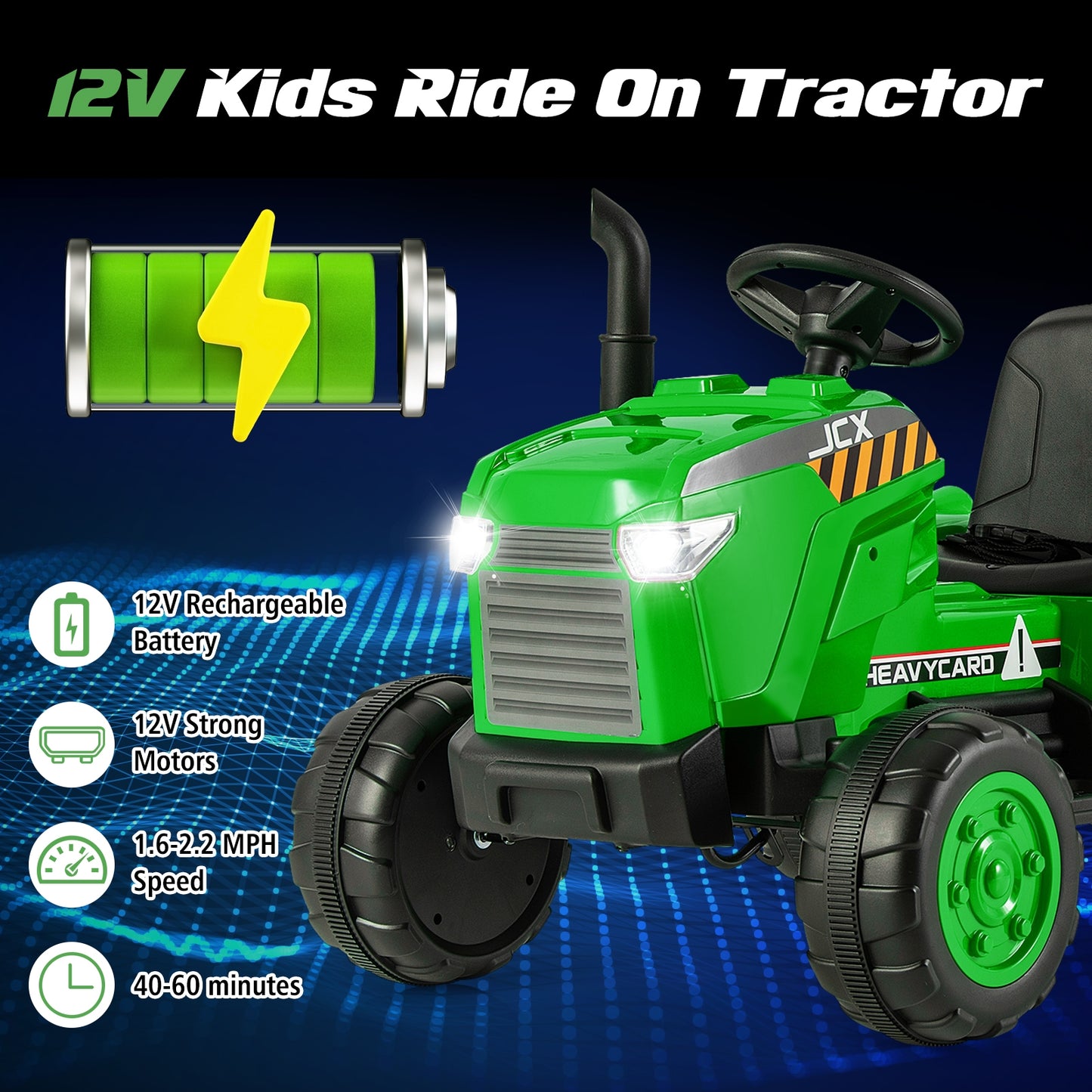 12V Kids Ride On Tractor with Trailer and Remote Control-Green Kids Crystal