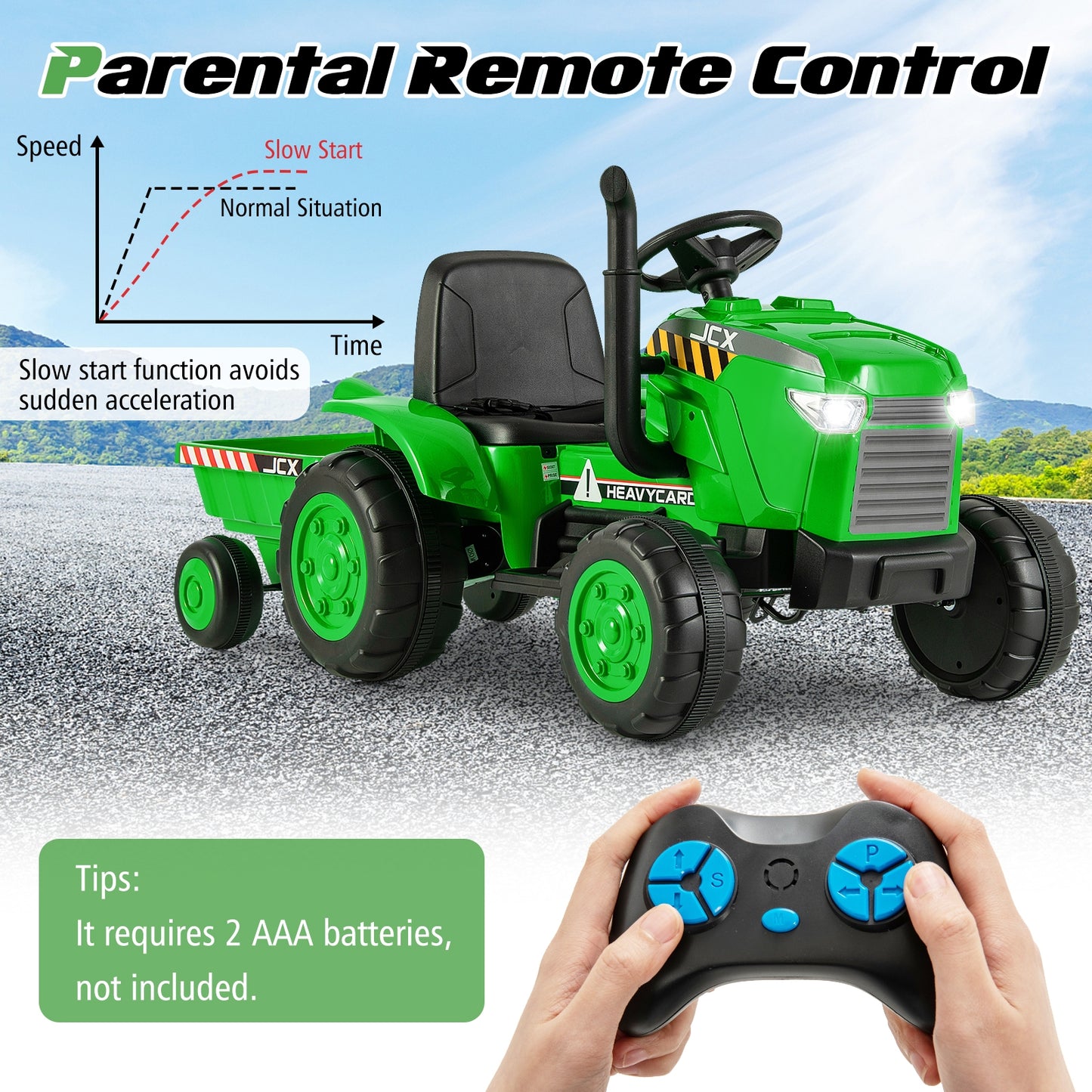 12V Kids Ride On Tractor with Trailer and Remote Control-Green
