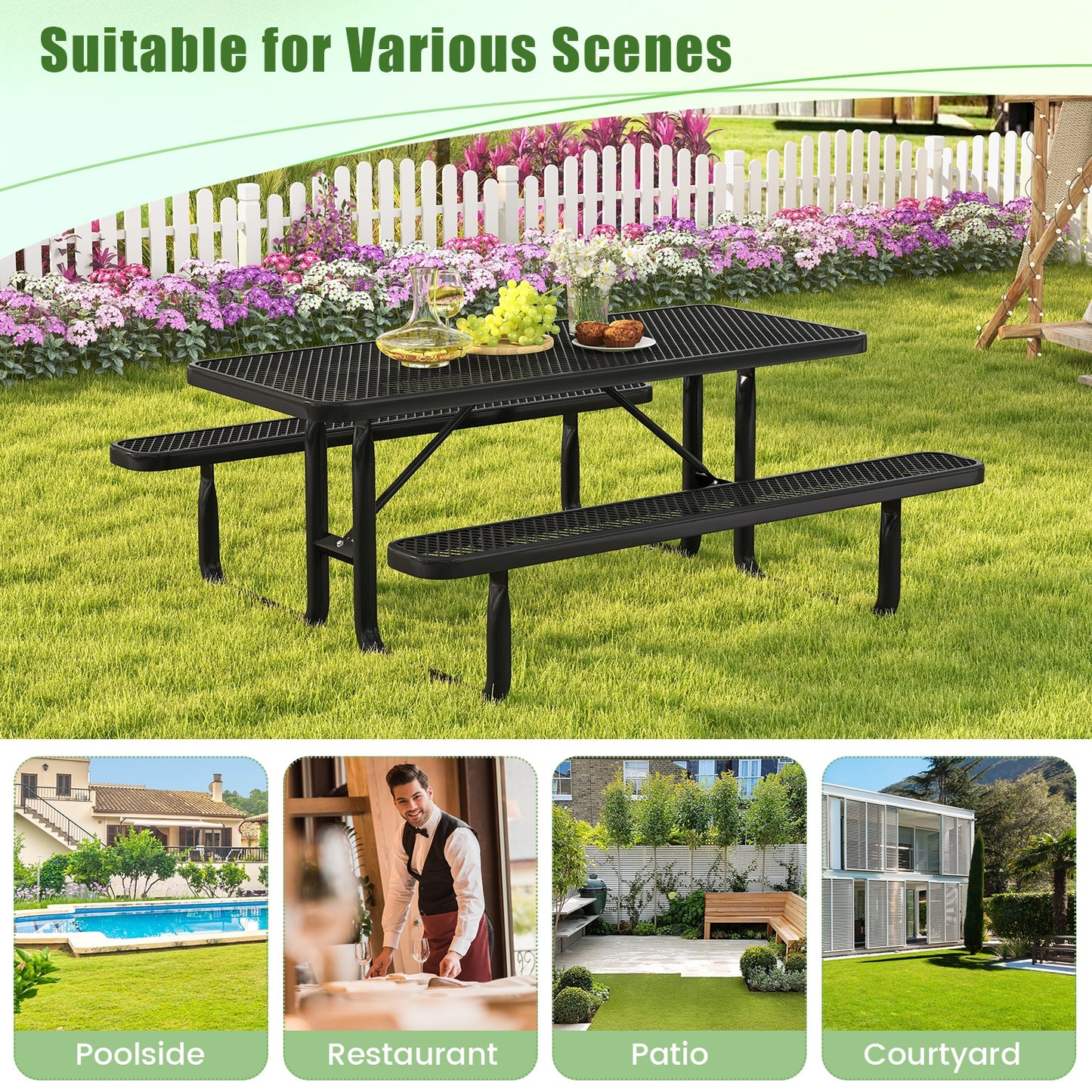 Outdoor Picnic Table and Bench Set for 8 Person with Seats and Mesh Grid-Black Kids Crystal