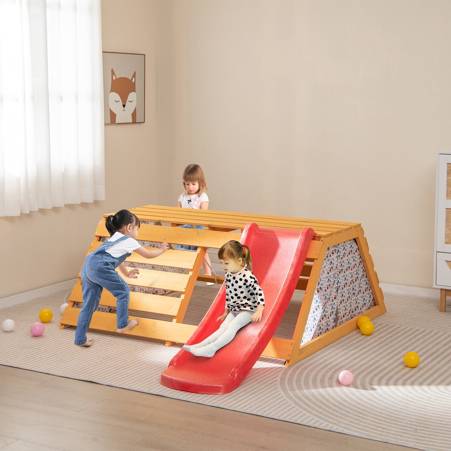 5-in-1 Jungle Gym Wooden Indoor Playground with Slide Rock Climbing Wall Rope Wall Climber Kids Crystal