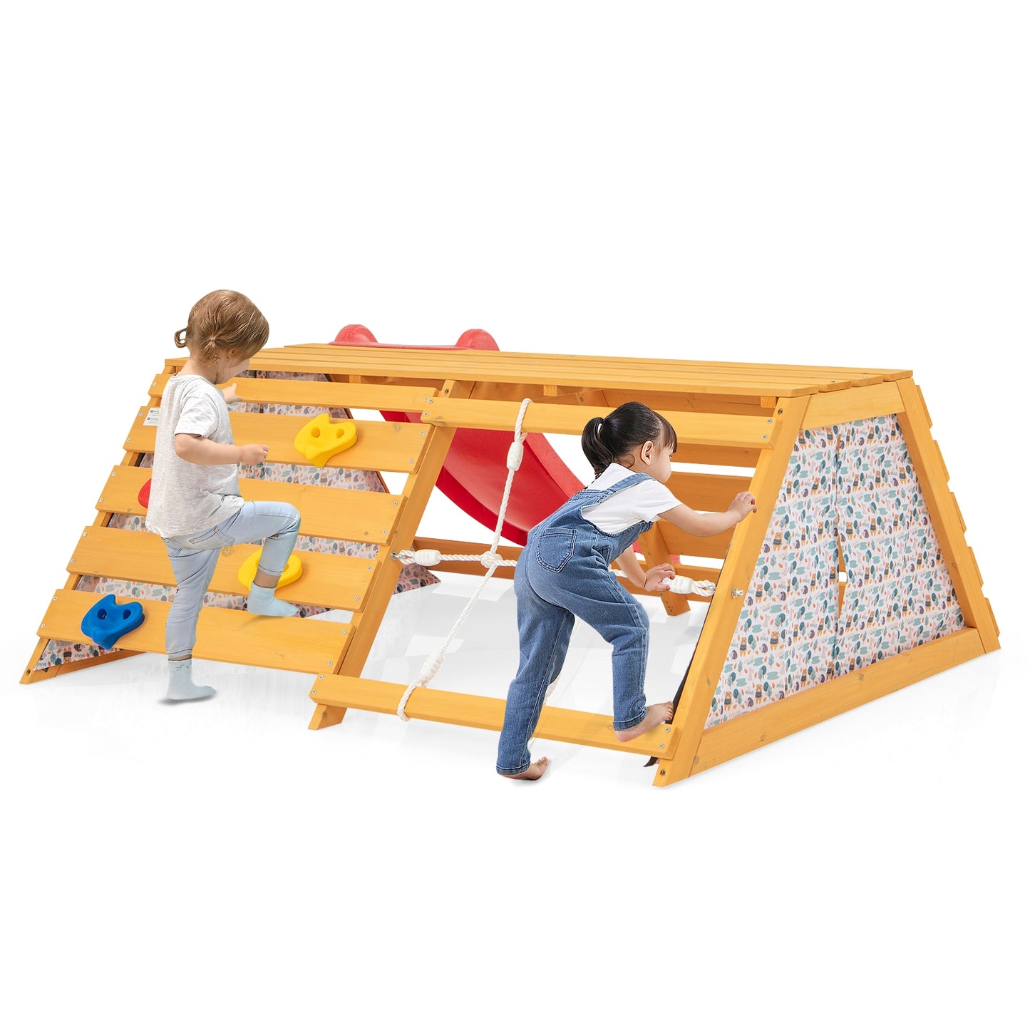 5-in-1 Jungle Gym Wooden Indoor Playground with Slide Rock Climbing Wall Rope Wall Climber Kids Crystal