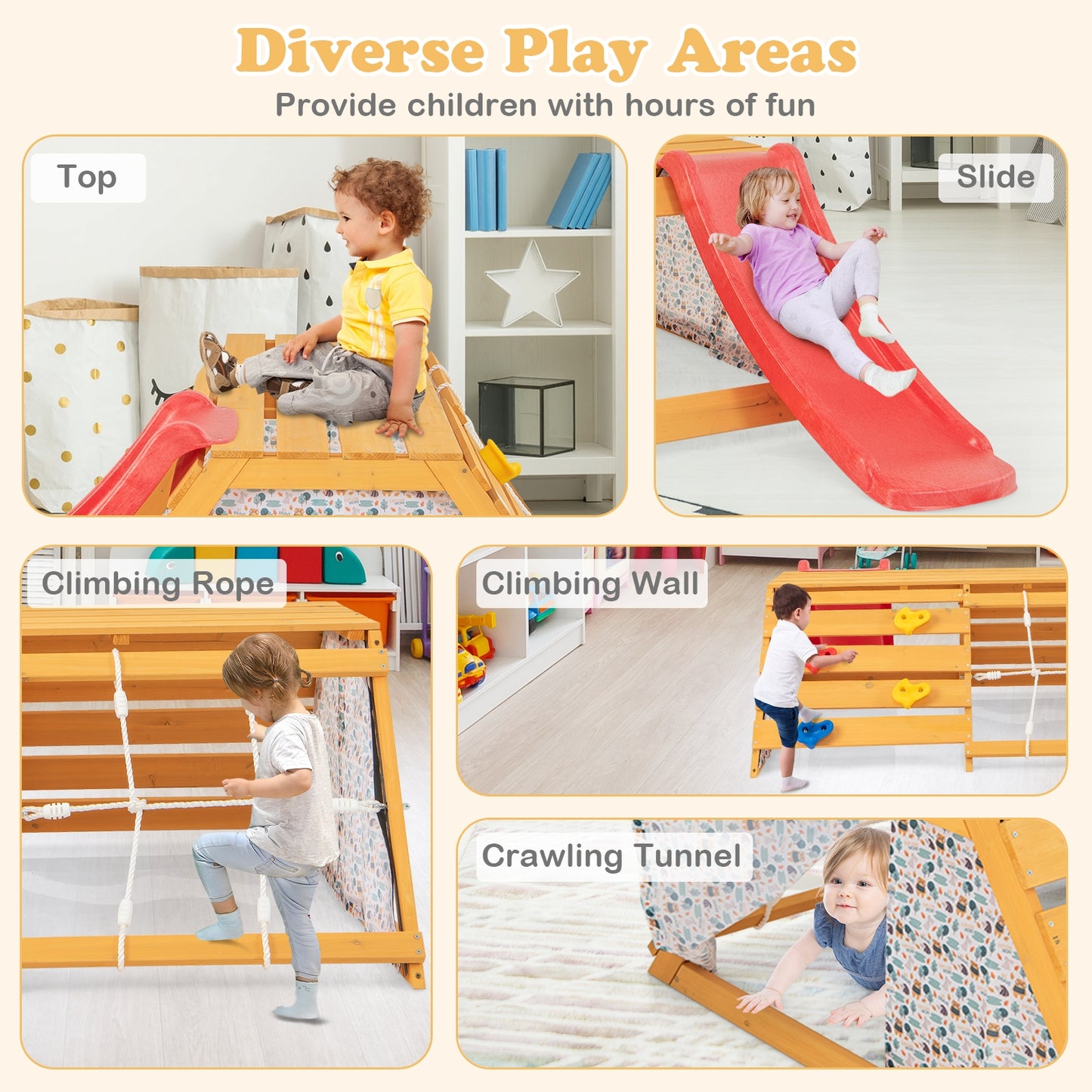 5-in-1 Jungle Gym Wooden Indoor Playground with Slide Rock Climbing Wall Rope Wall Climber Kids Crystal