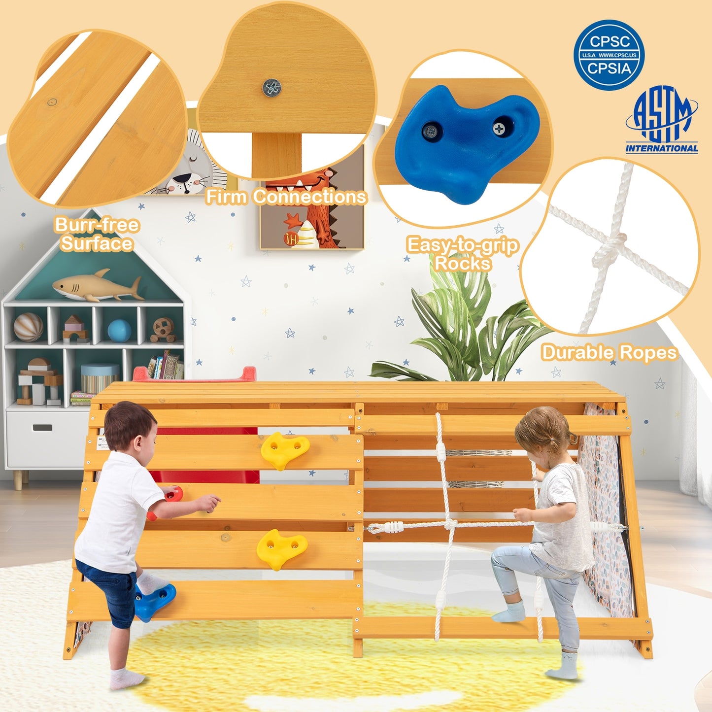 5-in-1 Jungle Gym Wooden Indoor Playground with Slide Rock Climbing Wall Rope Wall Climber Kids Crystal