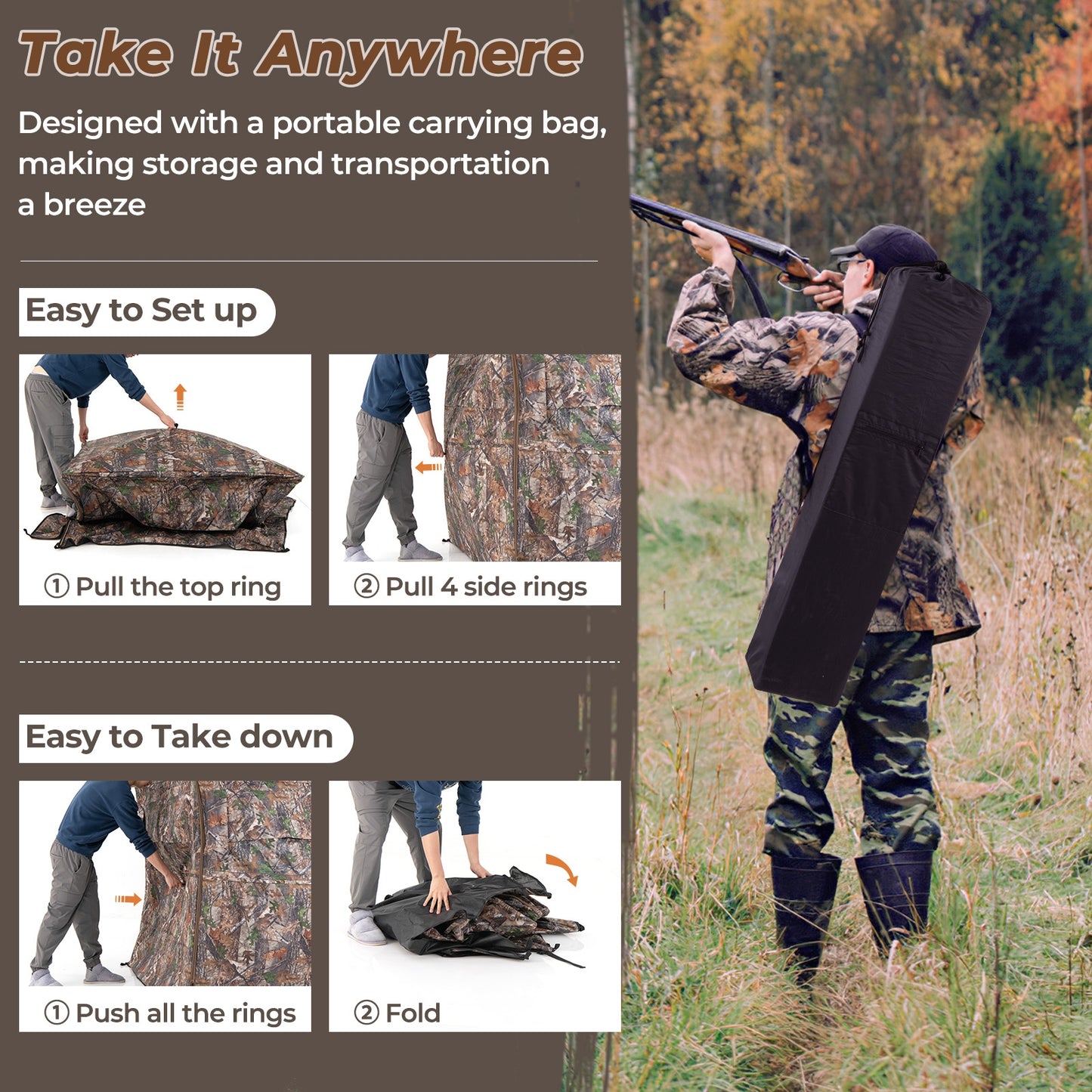 Hunting Blind 360 Degree One-Way See-Through Ground Blind for 2-3 Person Kids Crystal