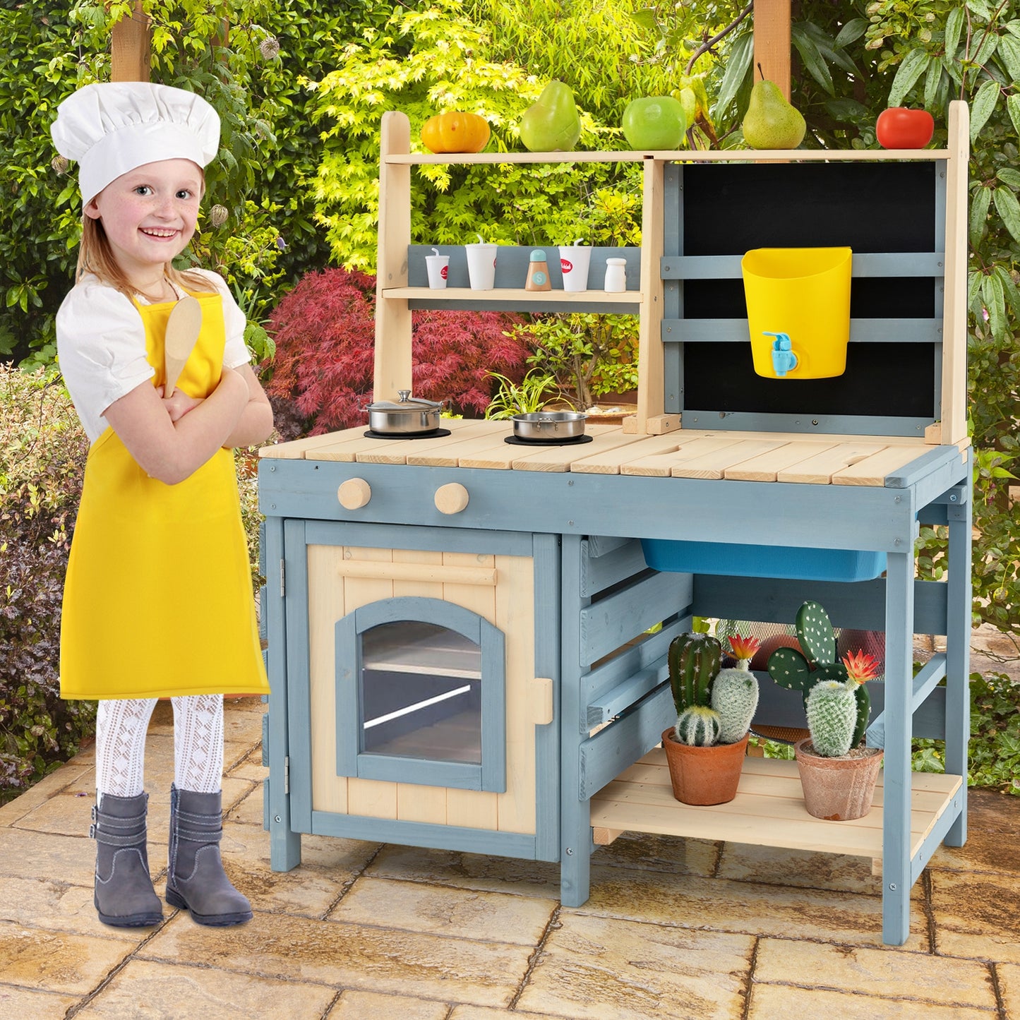 2-In-1 Outdoor Mud Kitchen with Faucet and Extra Chalkboard Kids Crystal
