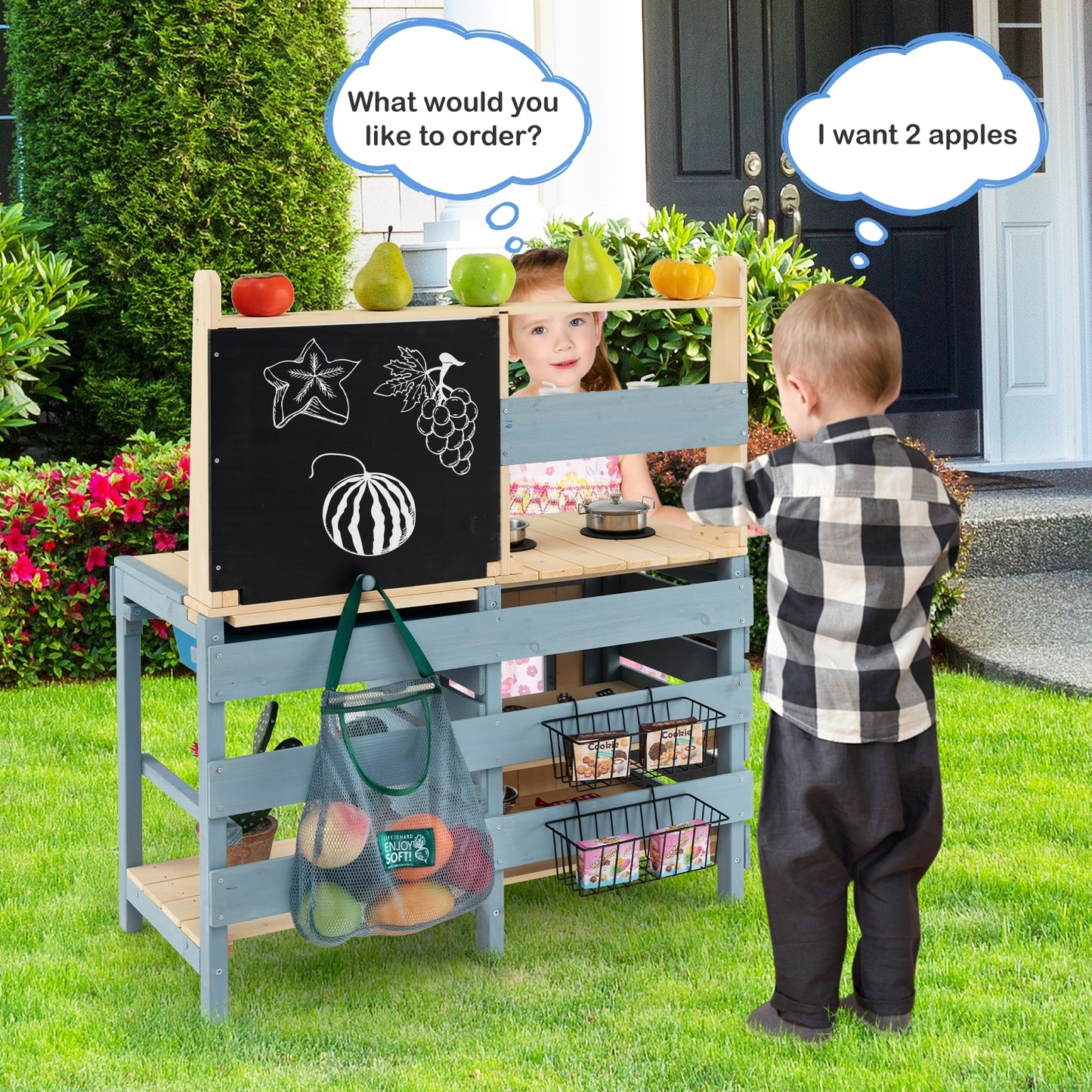 2-In-1 Outdoor Mud Kitchen with Faucet and Extra Chalkboard Kids Crystal
