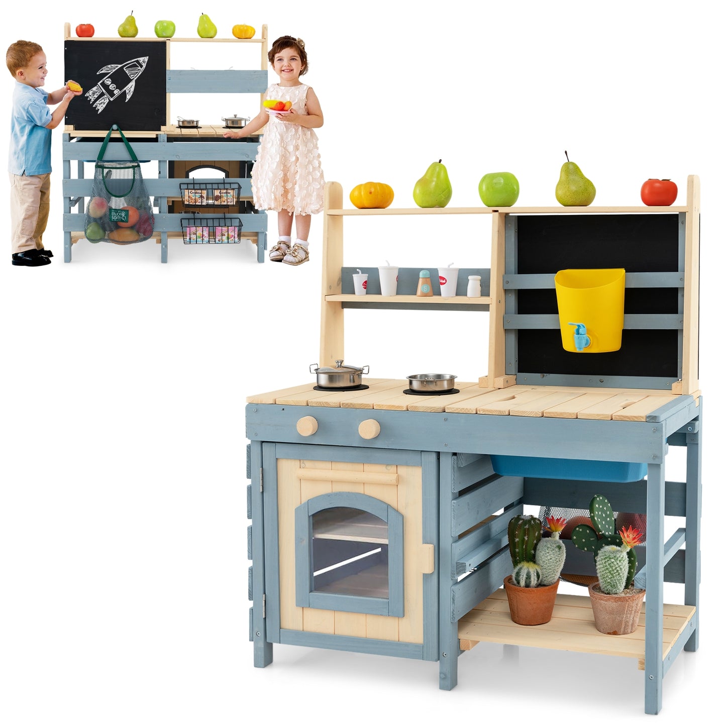 2-In-1 Outdoor Mud Kitchen with Faucet and Extra Chalkboard Kids Crystal