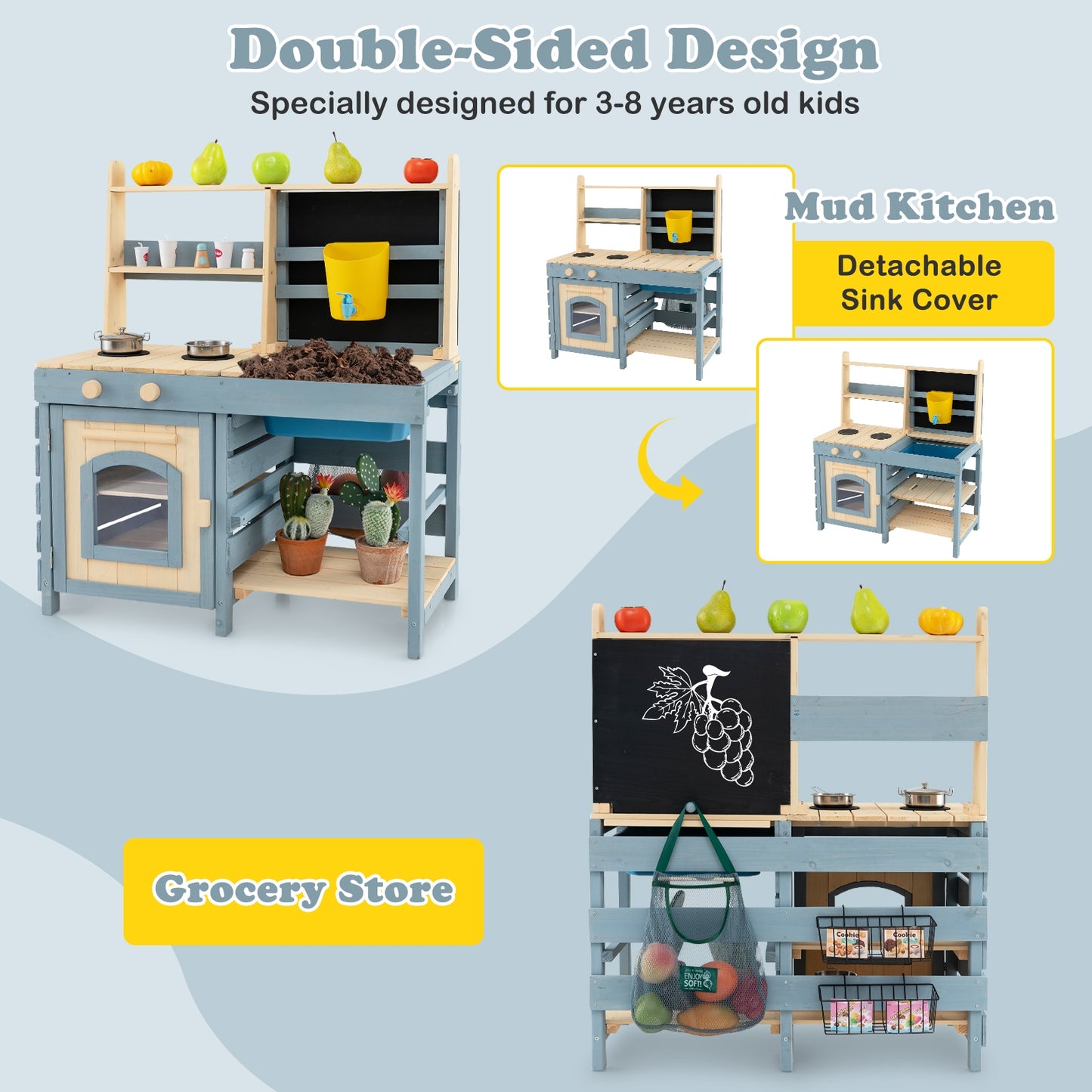 2-In-1 Outdoor Mud Kitchen with Faucet and Extra Chalkboard Kids Crystal