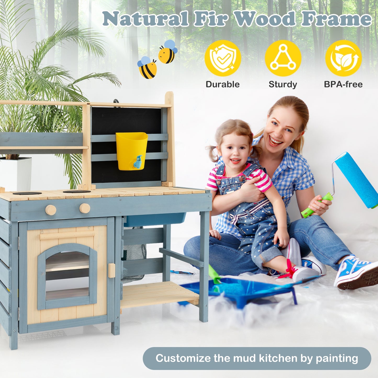 2-In-1 Outdoor Mud Kitchen with Faucet and Extra Chalkboard Kids Crystal