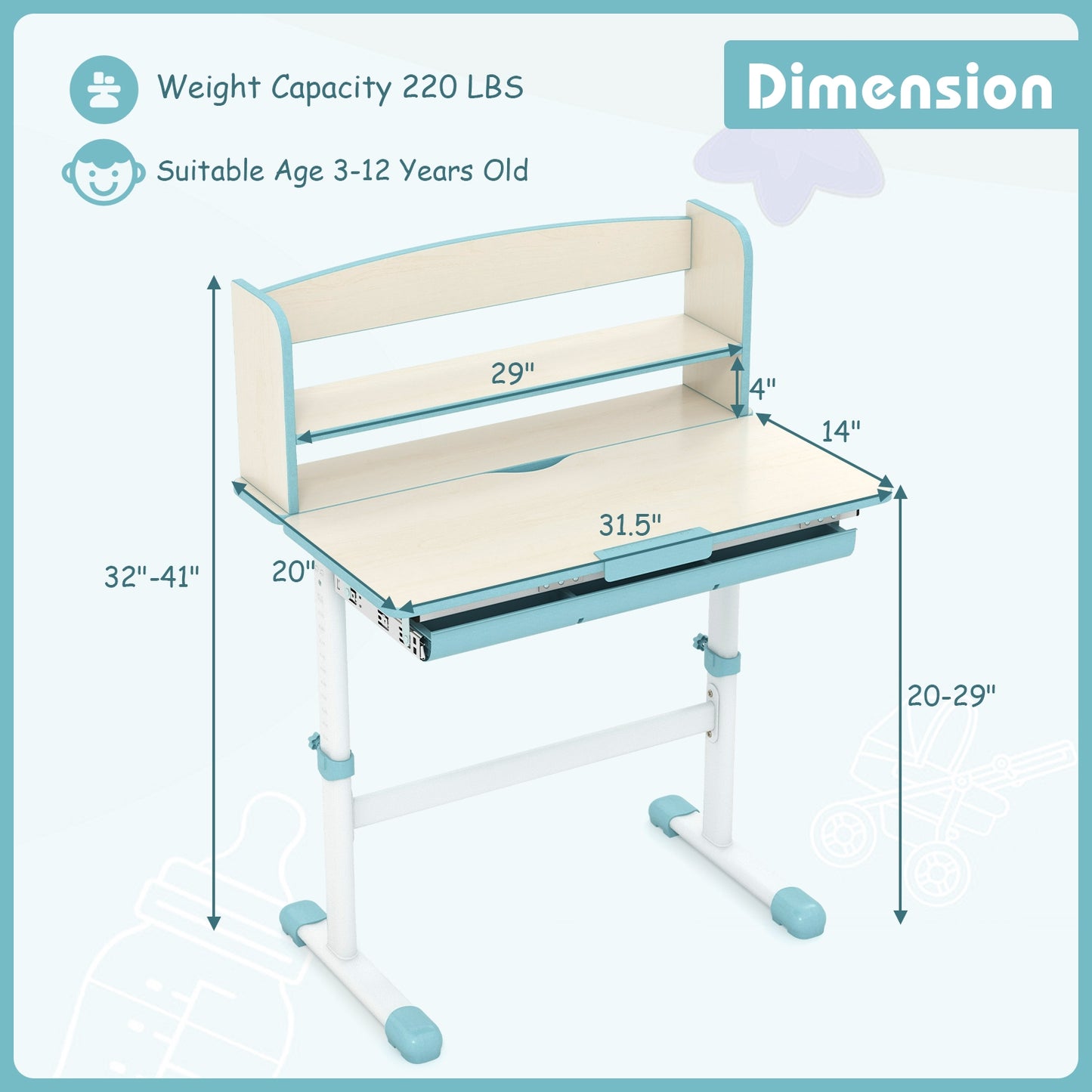 Height Adjustable Kids Study Desk with Tilt Desktop-Blue Kids Crystal