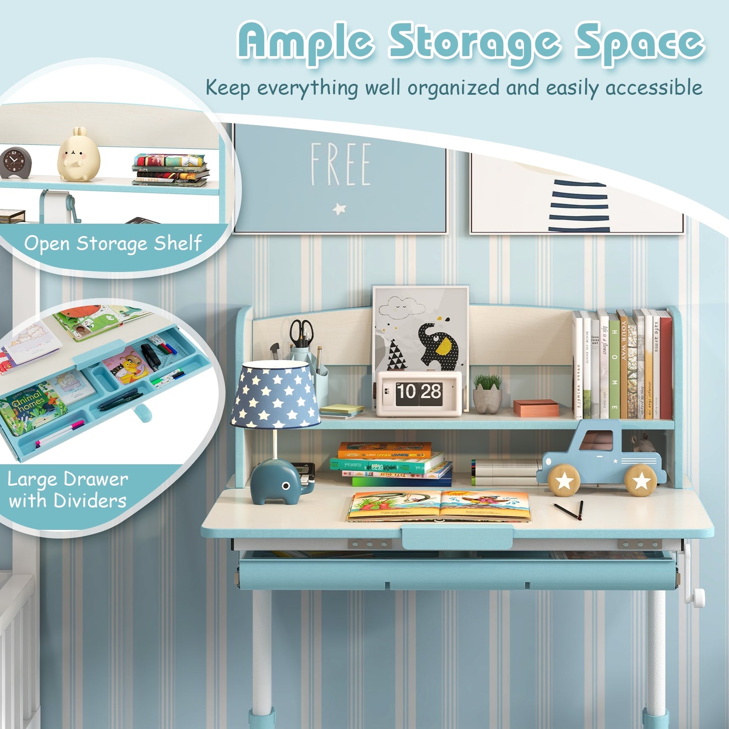 Height Adjustable Kids Study Desk with Tilt Desktop-Blue Kids Crystal