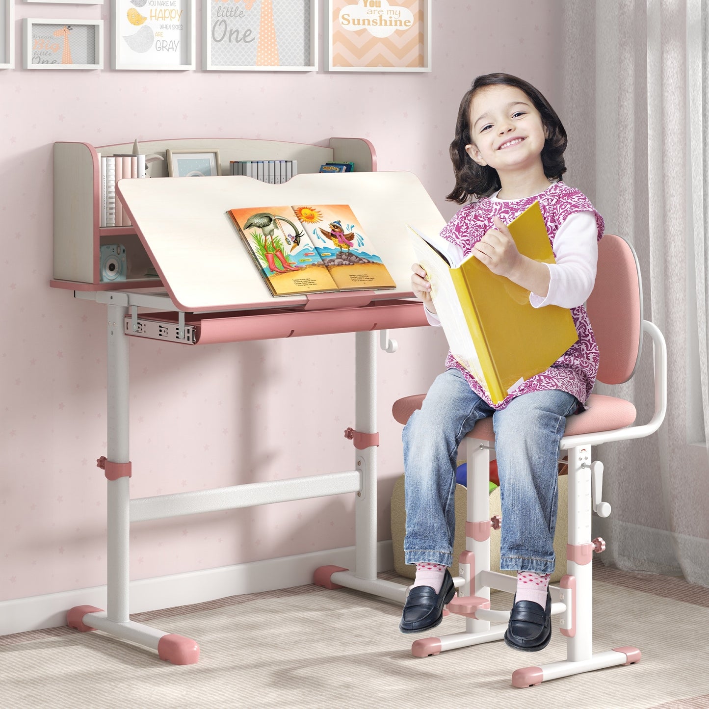 Height Adjustable Kids Study Desk with Tilt Desktop-Pink Kids Crystal