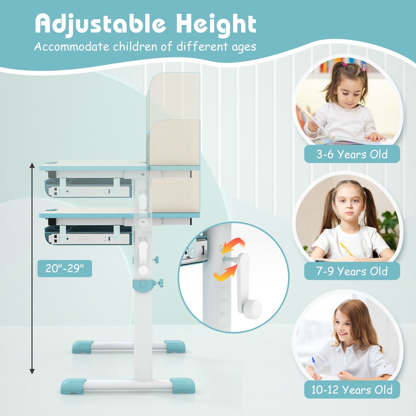 Height Adjustable Kids Study Desk with Tilt Desktop-Blue Kids Crystal